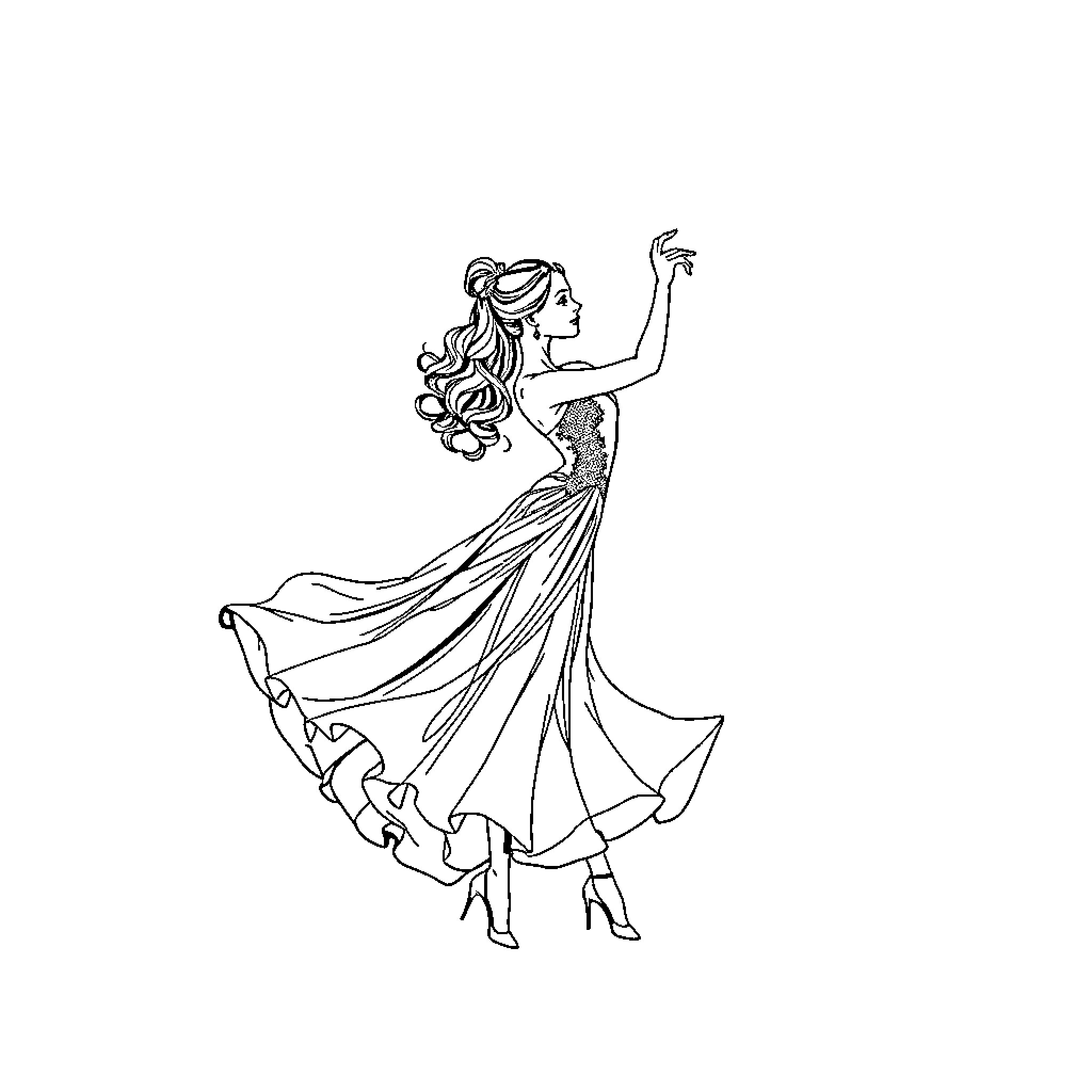 Bailarina performing in flowing dress Coloring Page (free black-and-white line drawing printable PDF for all, from beginners to advanced learners, including children, teens, adults, and seniors)