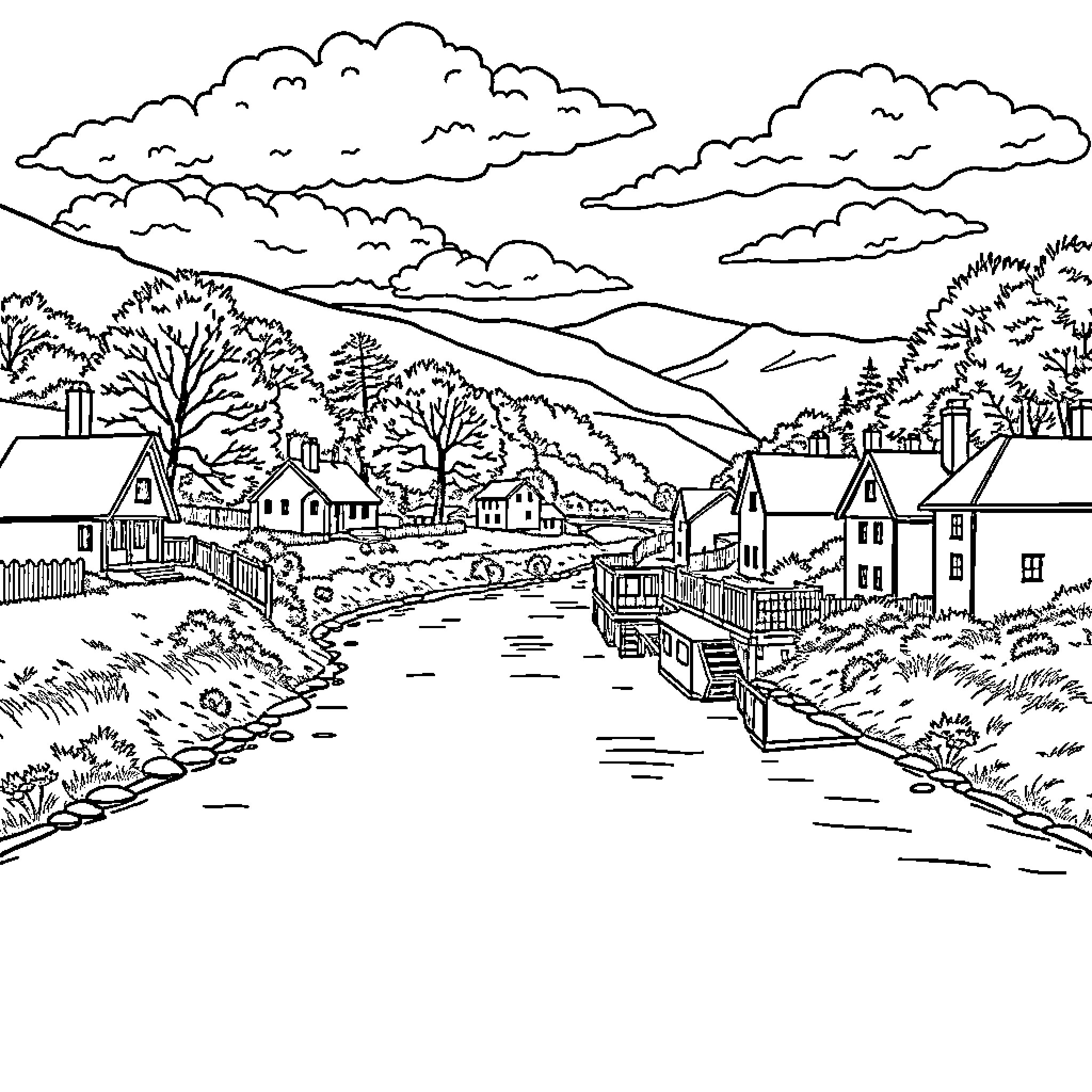 River flowing through a quaint village landscape Coloring Page (free black-and-white line drawing printable PDF for all, from beginners to advanced learners, including children, teens, adults, and seniors)