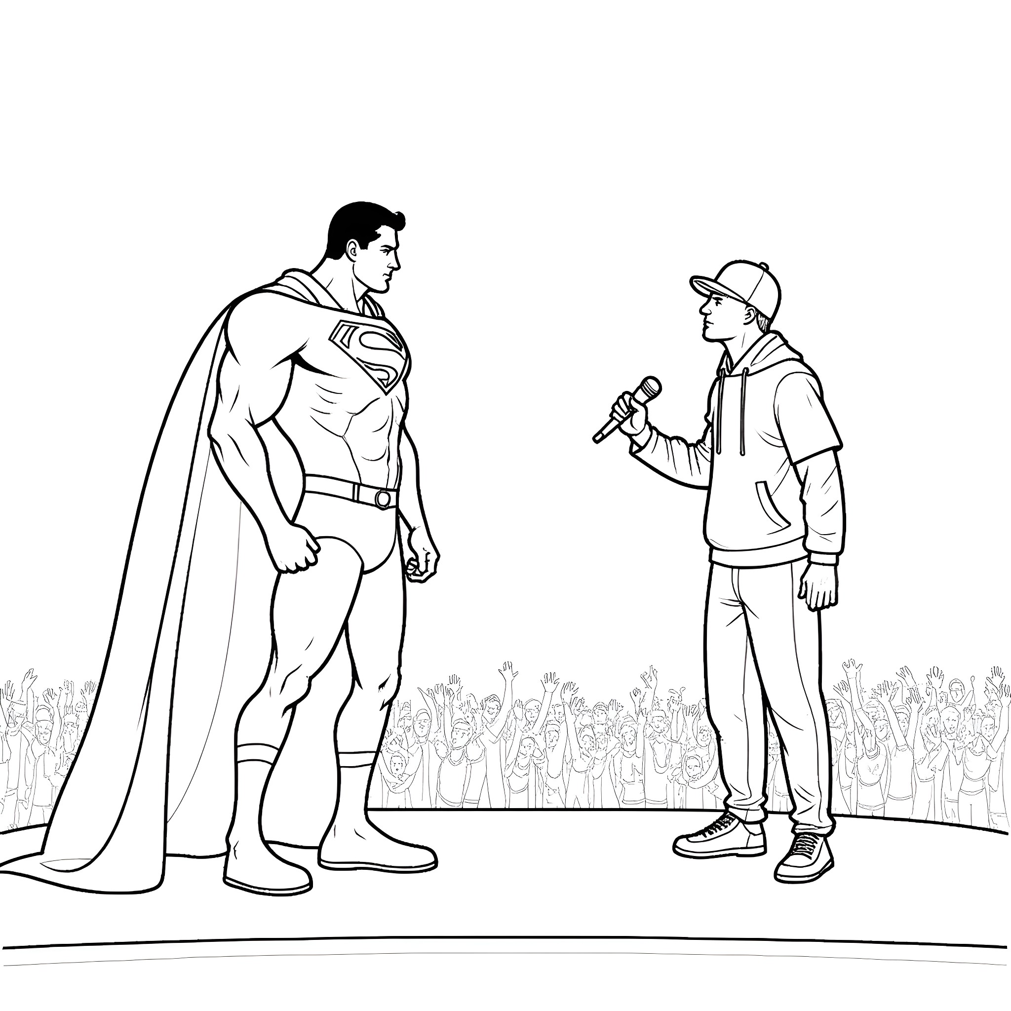 Superman interviewed by reporter at public event Coloring Page (free black-and-white line drawing printable PDF for all, from beginners to advanced learners, including children, teens, adults, and seniors)