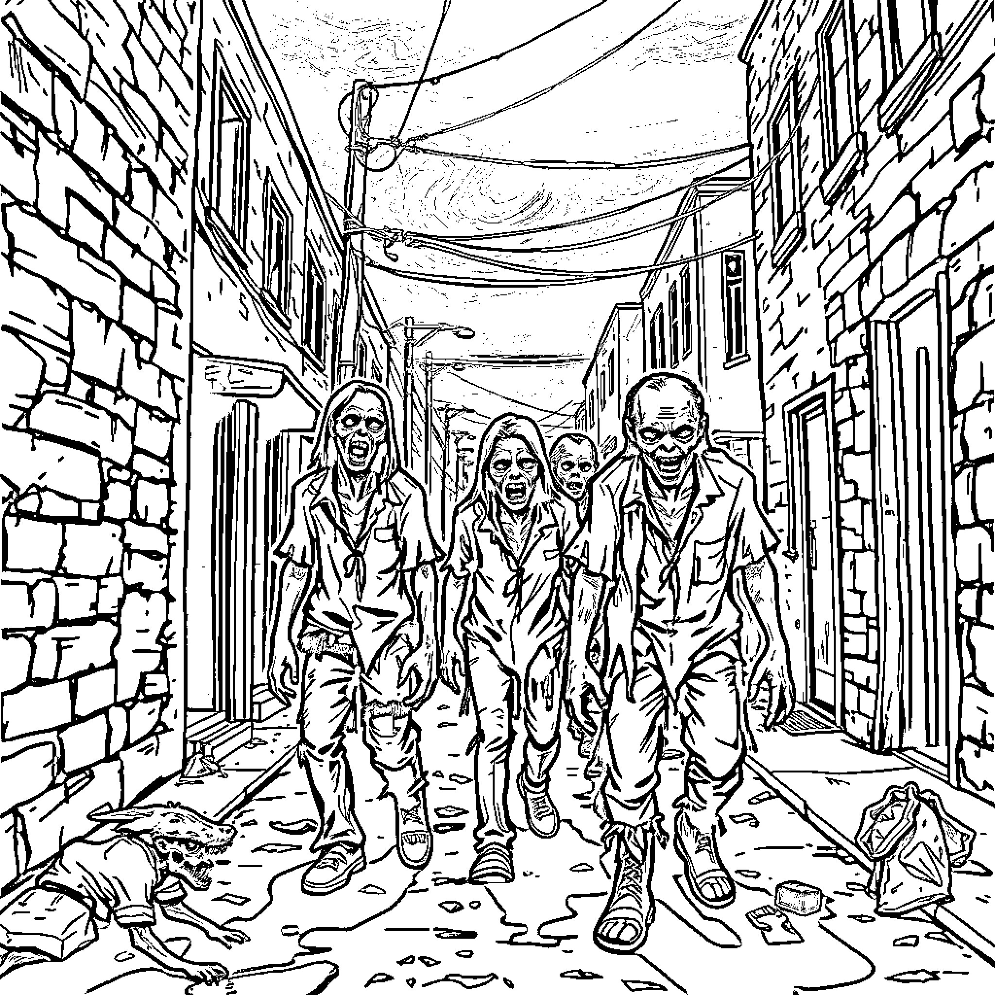 Zombie horde marching through a dilapidated urban alley Coloring Page (free black-and-white line drawing printable PDF for all, from beginners to advanced learners, including children, teens, adults, and seniors)
