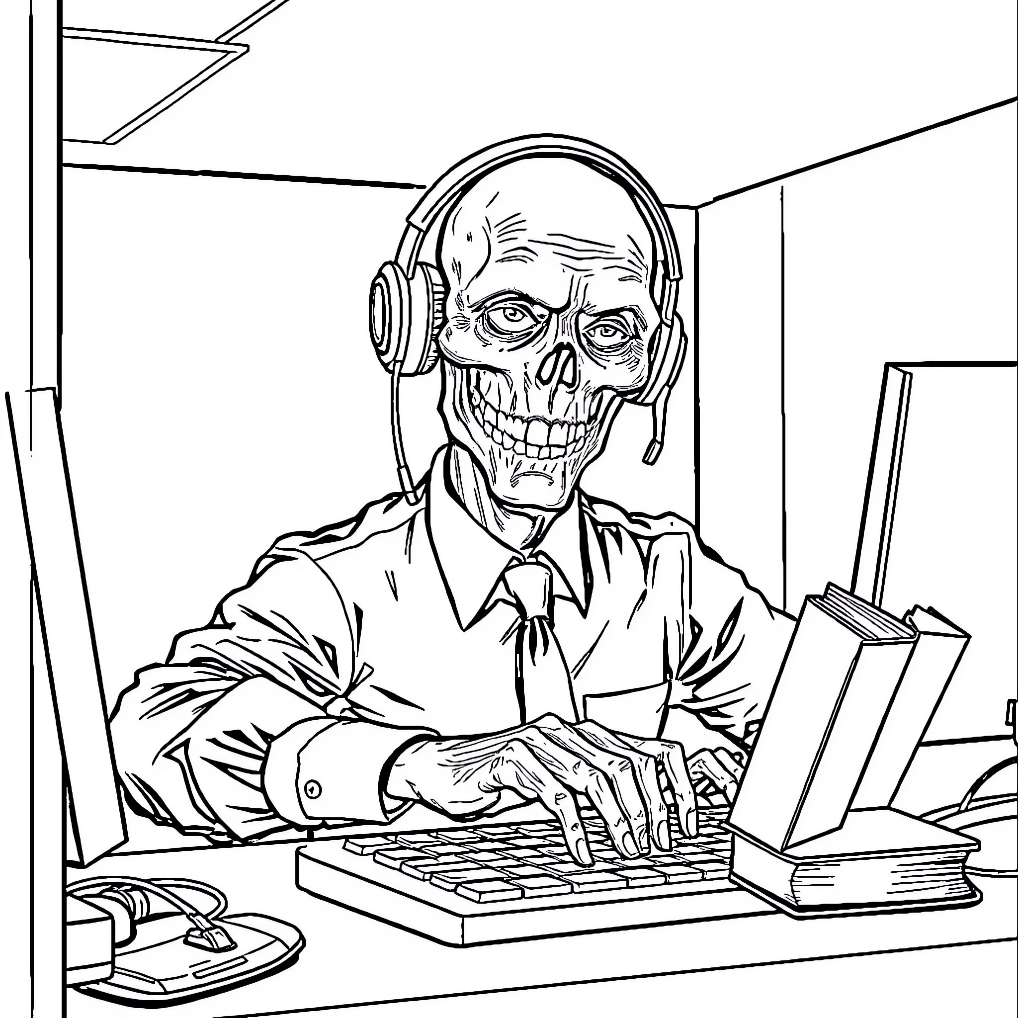 Customer Service Agent Assisting with Computer Issues Coloring Page (free black-and-white line drawing printable PDF for all, from beginners to advanced learners, including children, teens, adults, and seniors)