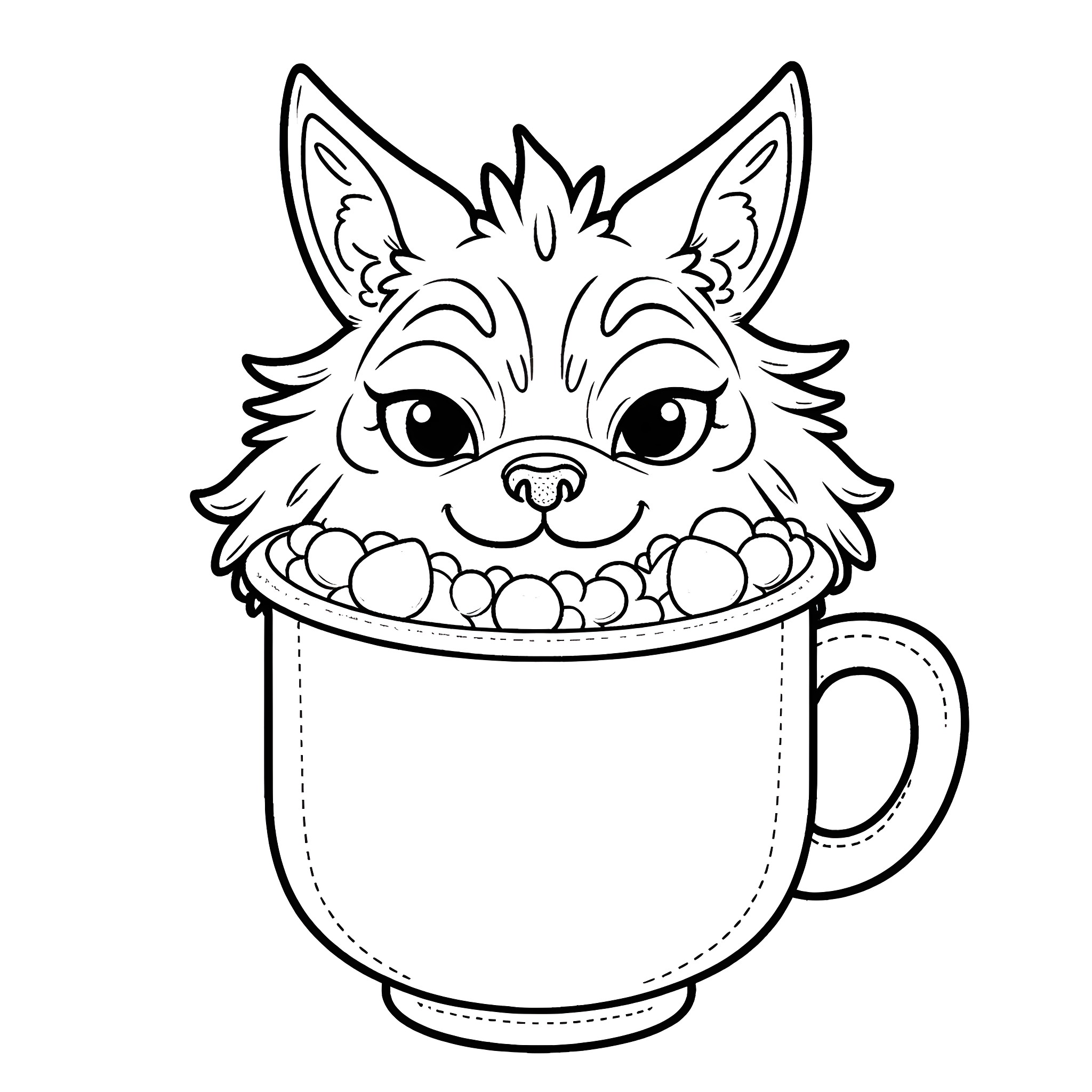 Werewolf peering out of a cozy mug Coloring Page (free black-and-white line drawing printable PDF for all, from beginners to advanced learners, including children, teens, adults, and seniors)