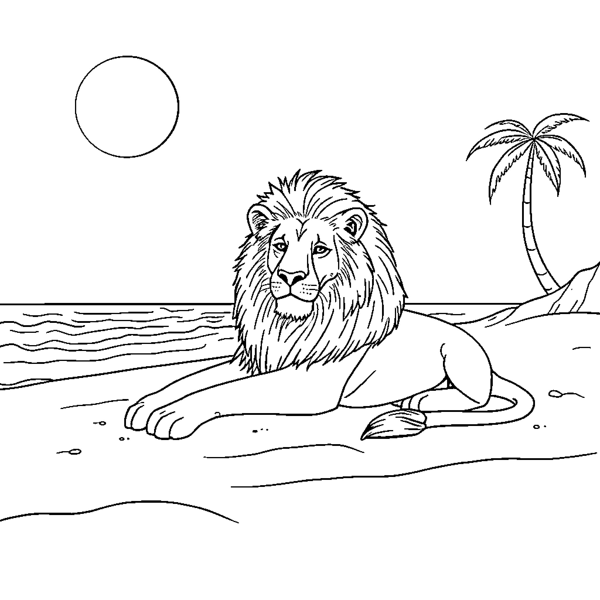Lion relaxing on the beach under the sun Coloring Page (free black-and-white line drawing printable PDF for all, from beginners to advanced learners, including children, teens, adults, and seniors)