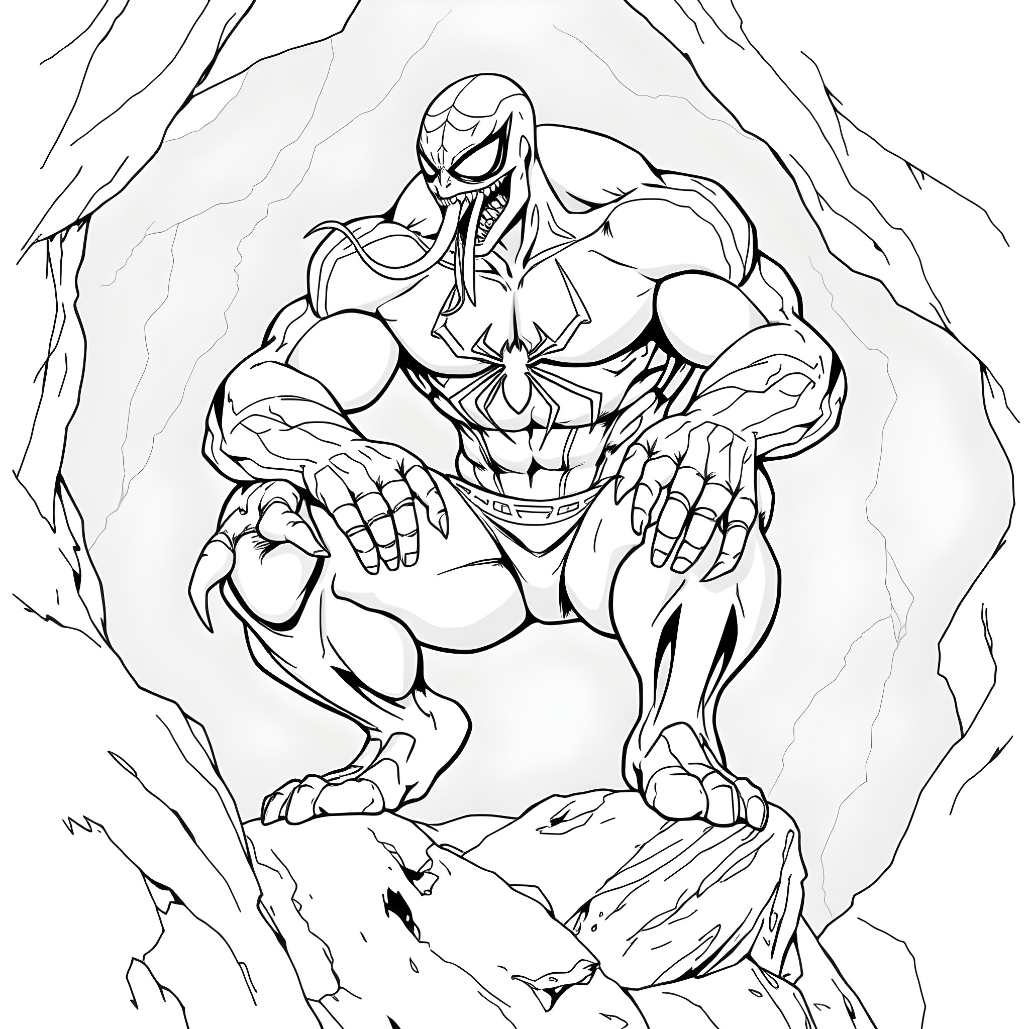 Venom unleashed in a rocky cavern Coloring Page (free black-and-white line drawing printable PDF for all, from beginners to advanced learners, including children, teens, adults, and seniors)