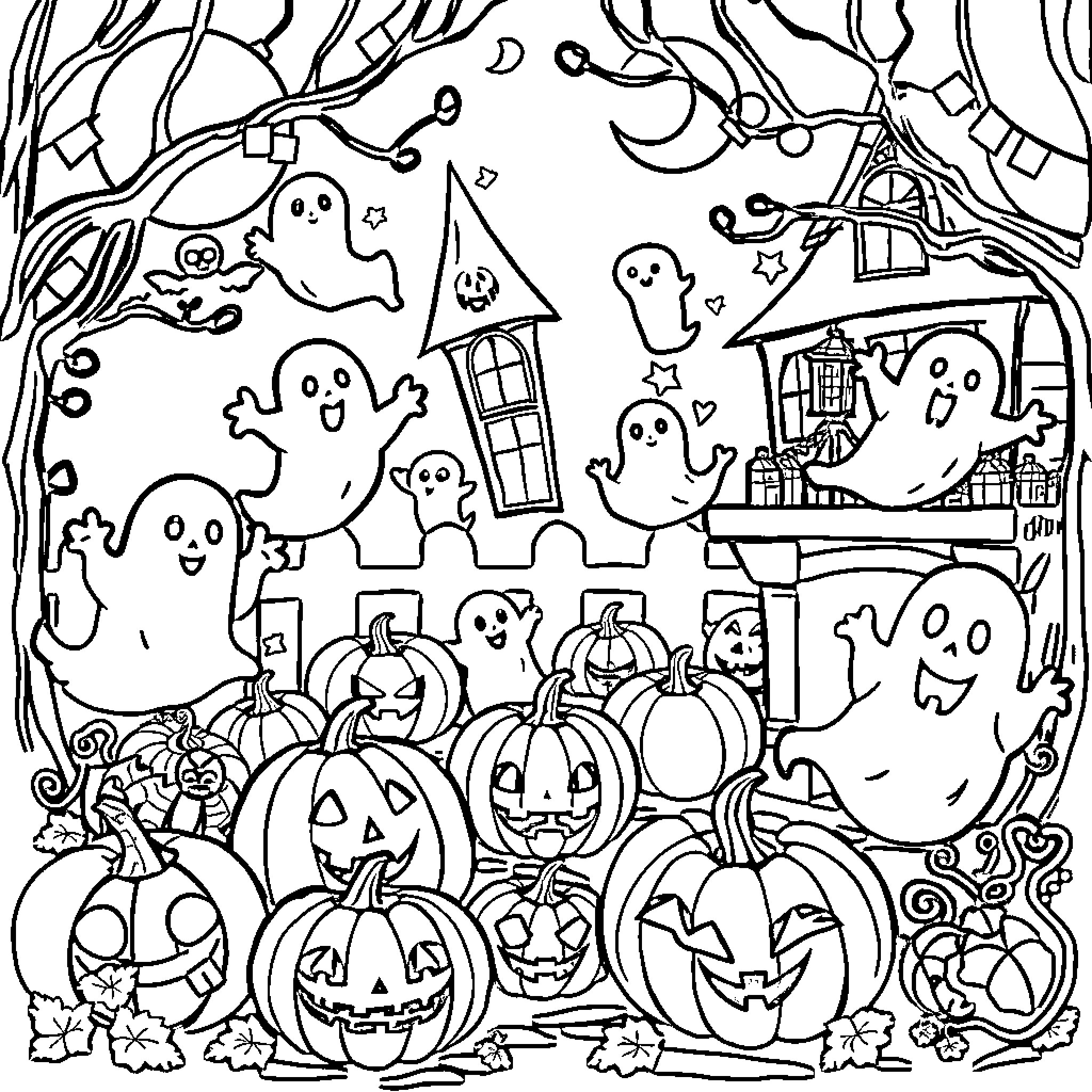 Halloween fun with spooky ghosts and jack-o'-lanterns Coloring Page (free black-and-white line drawing printable PDF for all, from beginners to advanced learners, including children, teens, adults, and seniors)