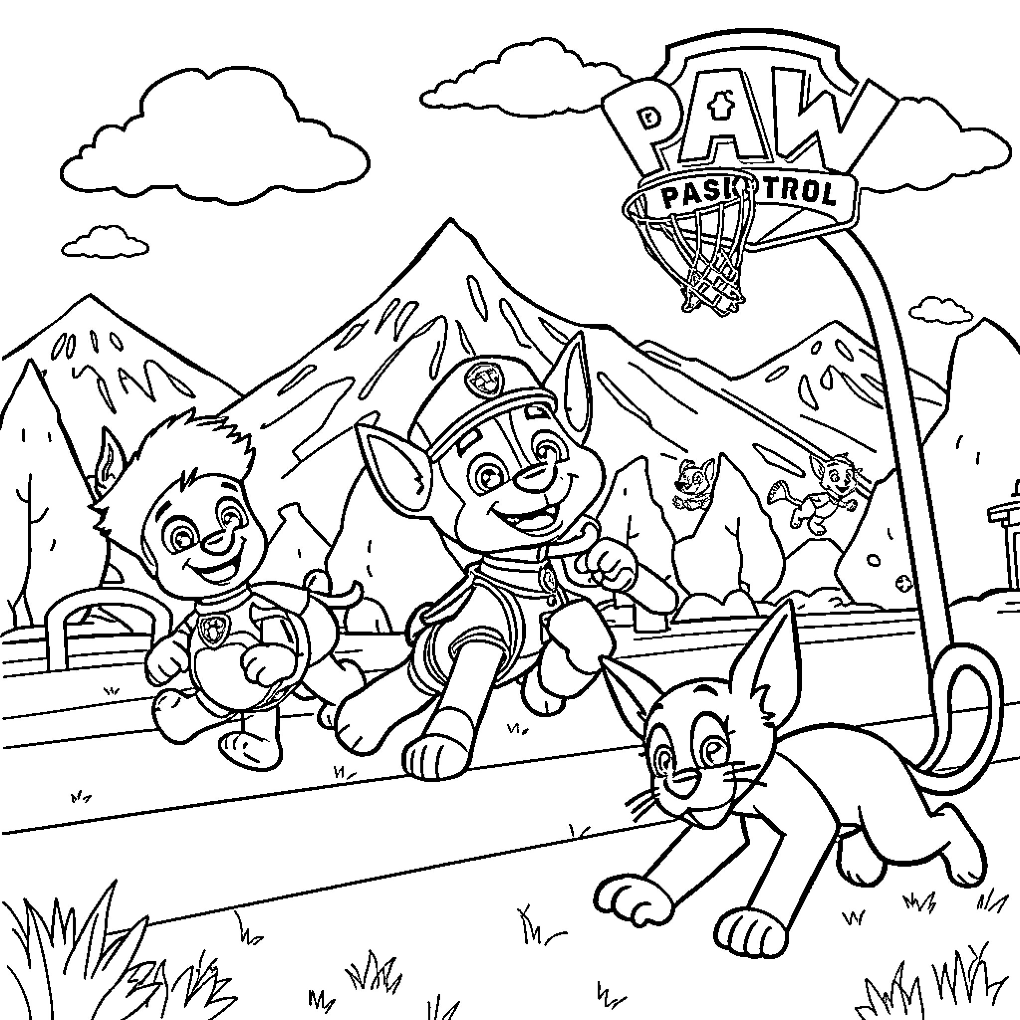 Paw Patrol characters on mountain adventure Coloring Page (free black-and-white line drawing printable PDF for all, from beginners to advanced learners, including children, teens, adults, and seniors)