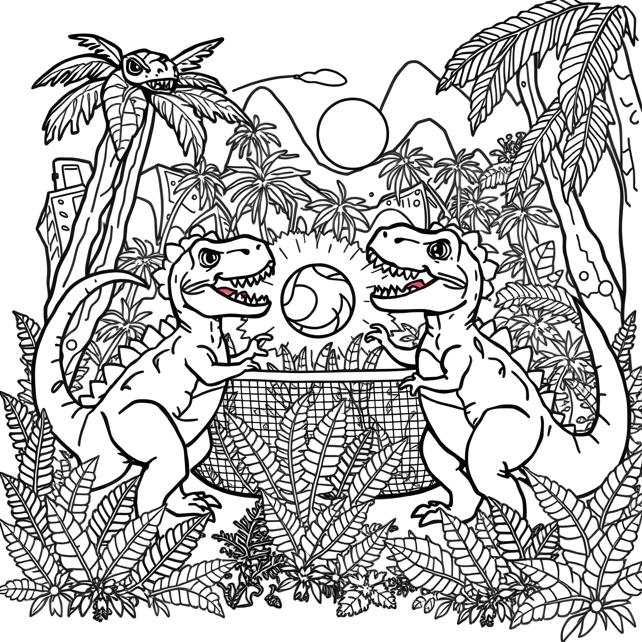 Dino Dinosaurs Playing Volleyball in Tropical Scenery Coloring Page (free black-and-white line drawing printable PDF for all, from beginners to advanced learners, including children, teens, adults, and seniors)