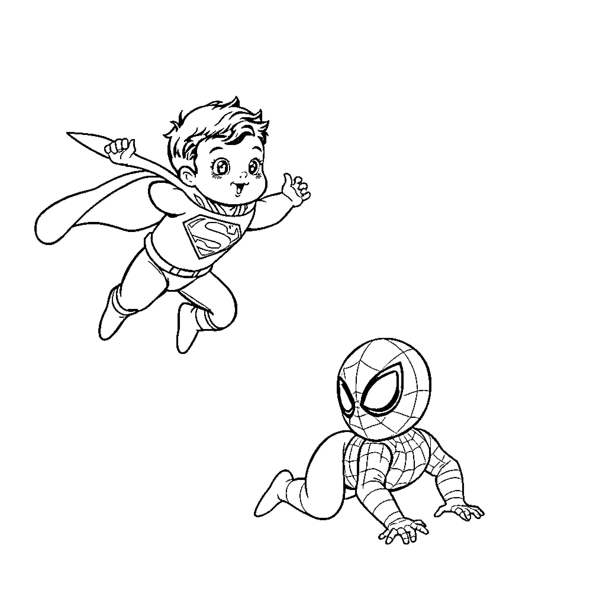 Superman and Spiderman Coloring Page Coloring Page (free black-and-white line drawing printable PDF for all, from beginners to advanced learners, including children, teens, adults, and seniors)