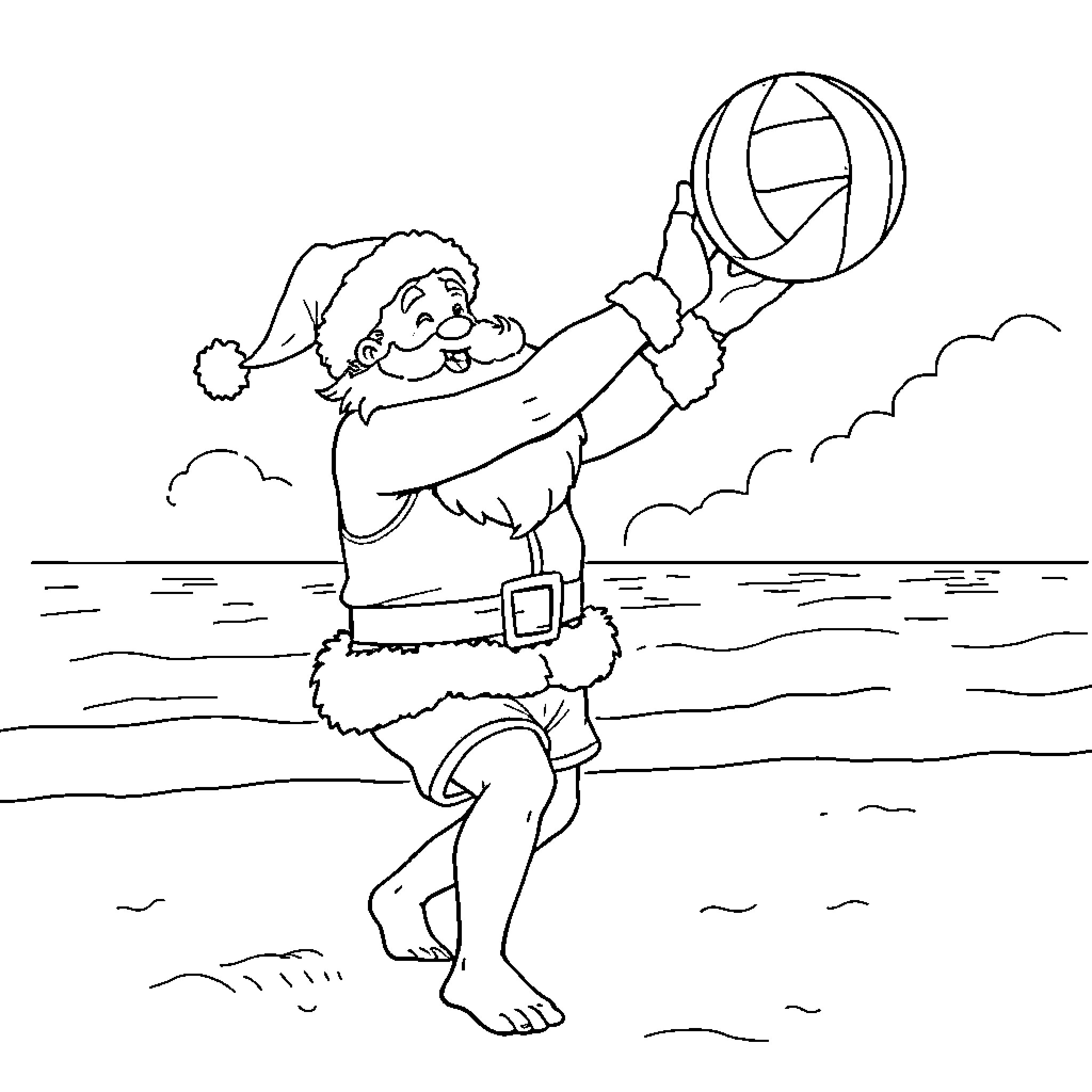 Santa playing with a beach ball on the shore Coloring Page (free black-and-white line drawing printable PDF for all, from beginners to advanced learners, including children, teens, adults, and seniors)