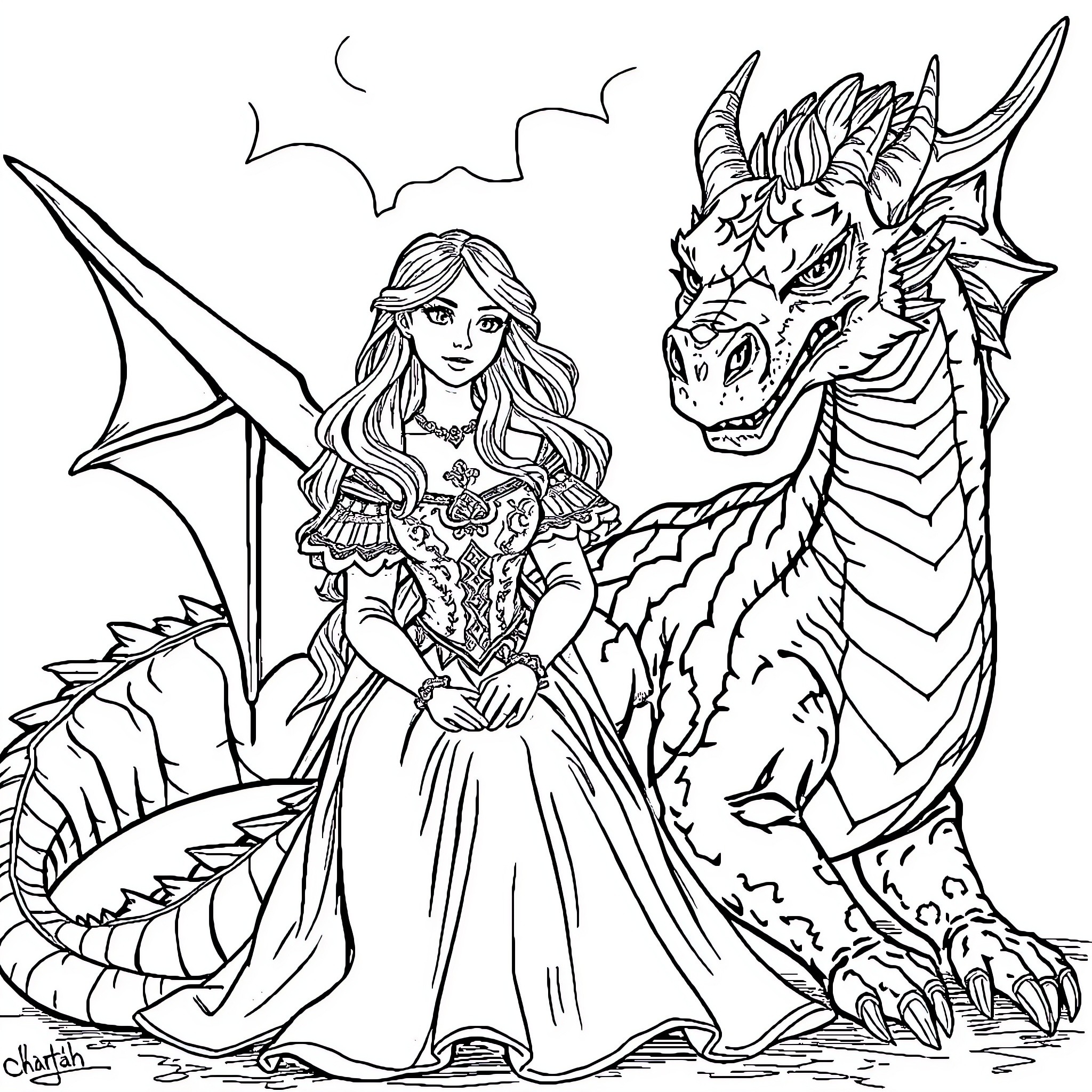 Princess and her Majestic Dragon Companion Coloring Page (free black-and-white line drawing printable PDF for all, from beginners to advanced learners, including children, teens, adults, and seniors)