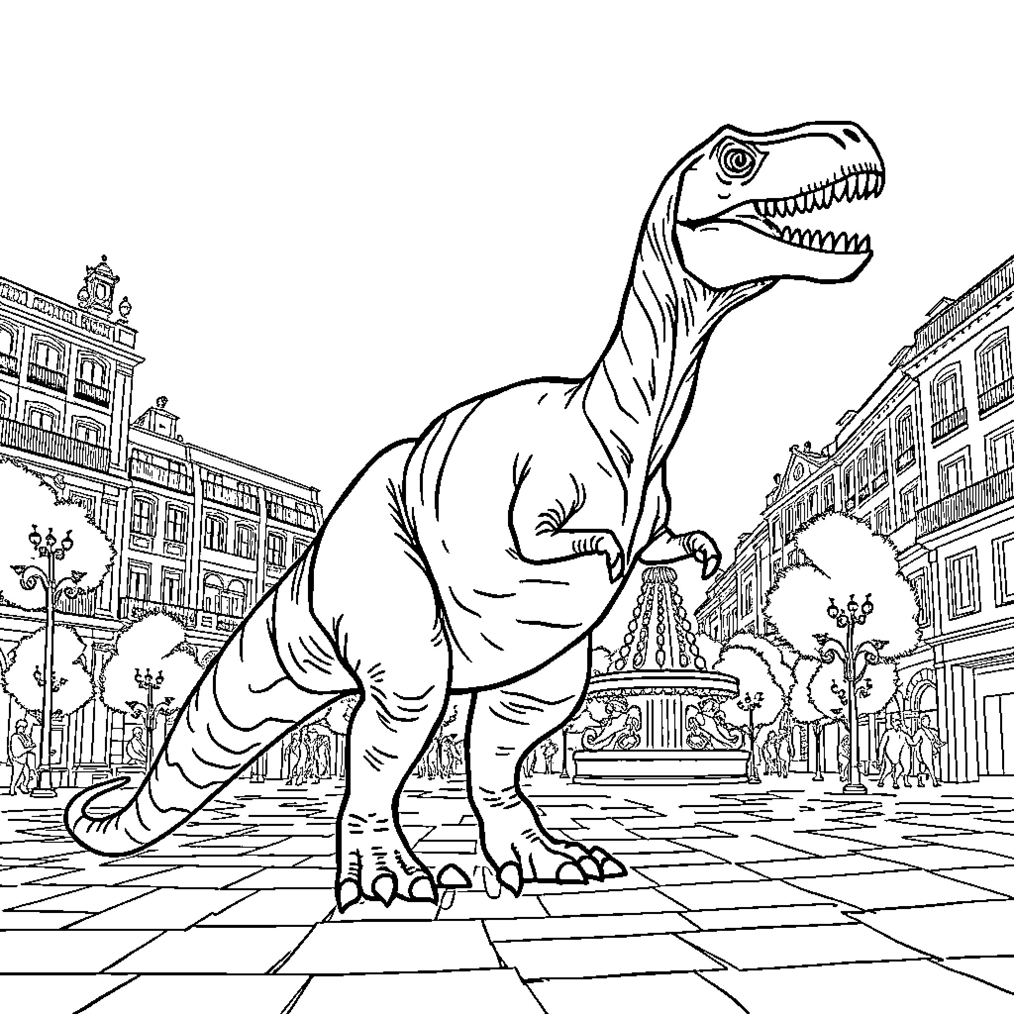 Dinosaur roaming the city streets Coloring Page (free black-and-white line drawing printable PDF for all, from beginners to advanced learners, including children, teens, adults, and seniors)