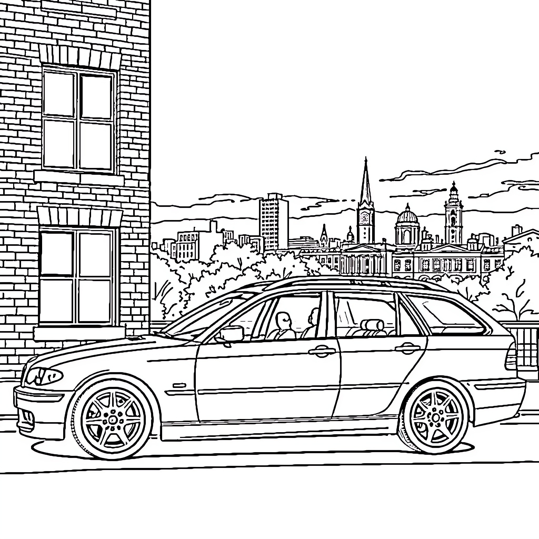 BMW sports wagon driving through urban cityscape Coloring Page (free black-and-white line drawing printable PDF for all, from beginners to advanced learners, including children, teens, adults, and seniors)