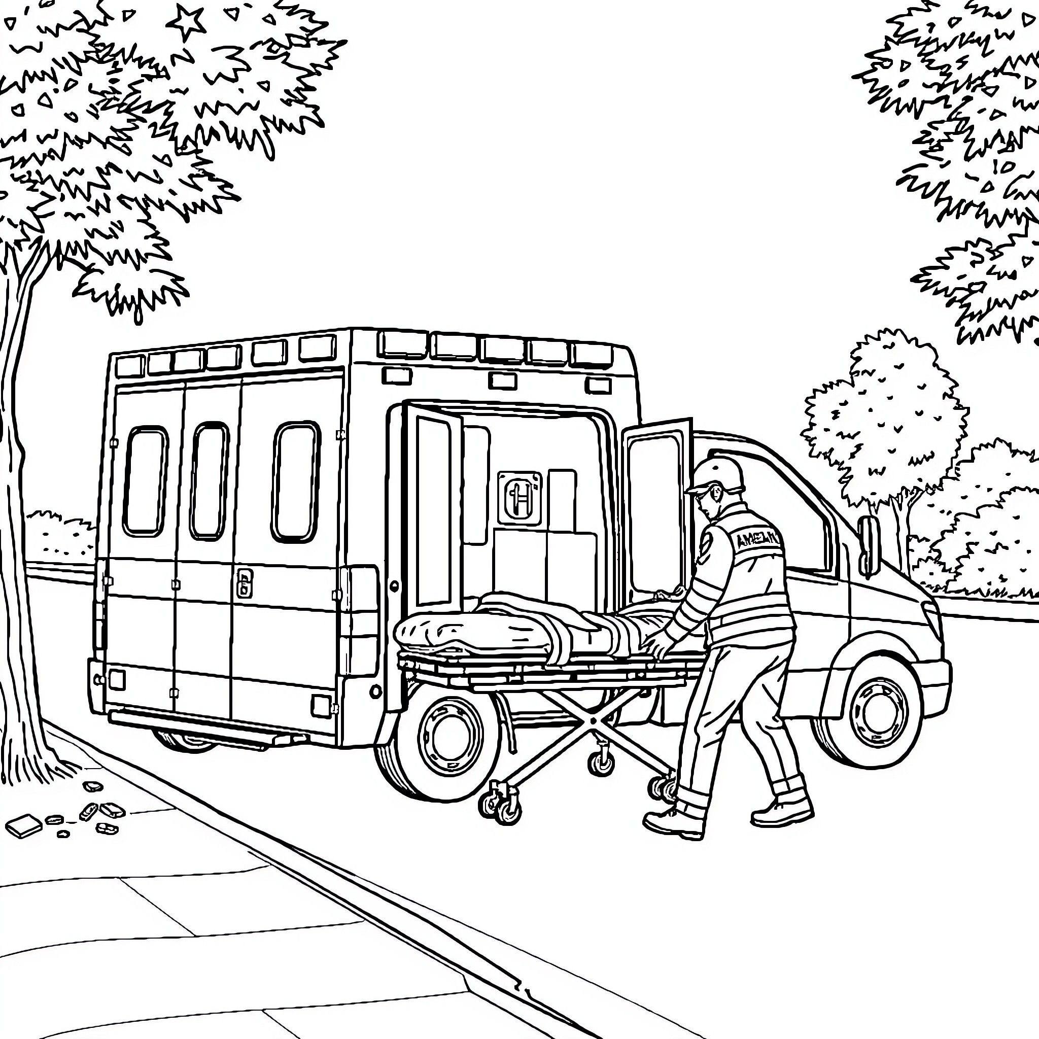 Ambulance transporting a patient through the forest Coloring Page (free black-and-white line drawing printable PDF for all, from beginners to advanced learners, including children, teens, adults, and seniors)