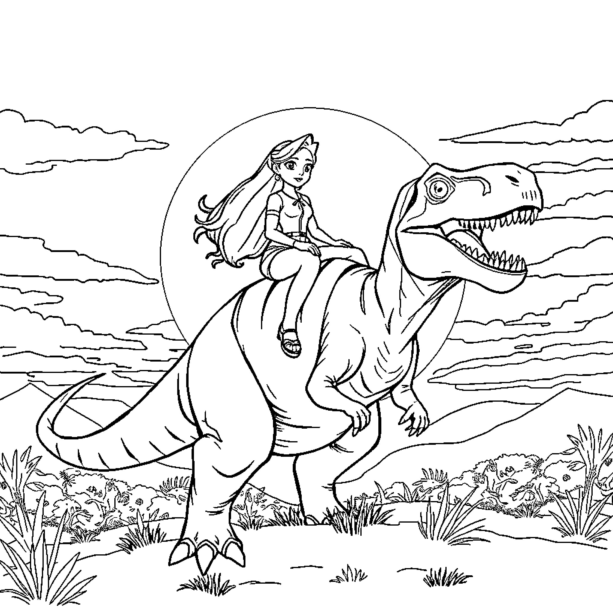 Dinosaur Rider Exploring the Prehistoric Landscape Coloring Page (free black-and-white line drawing printable PDF for all, from beginners to advanced learners, including children, teens, adults, and seniors)