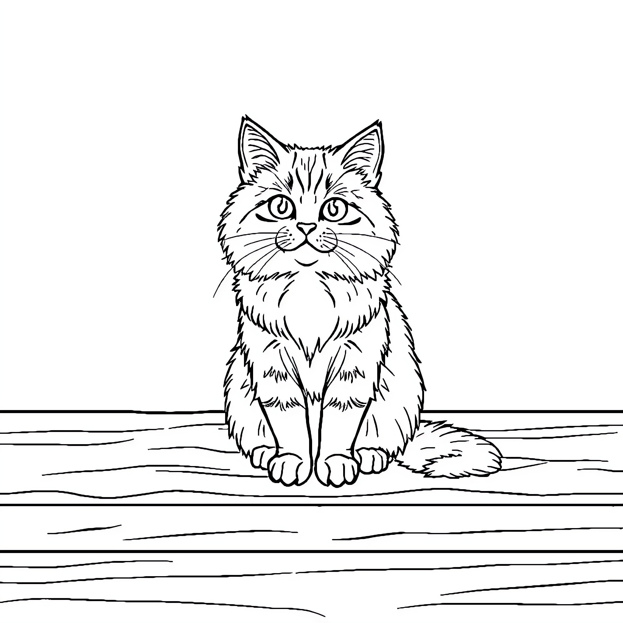 Cat sitting on wooden floor Coloring Page (free black-and-white line drawing printable PDF for all, from beginners to advanced learners, including children, teens, adults, and seniors)