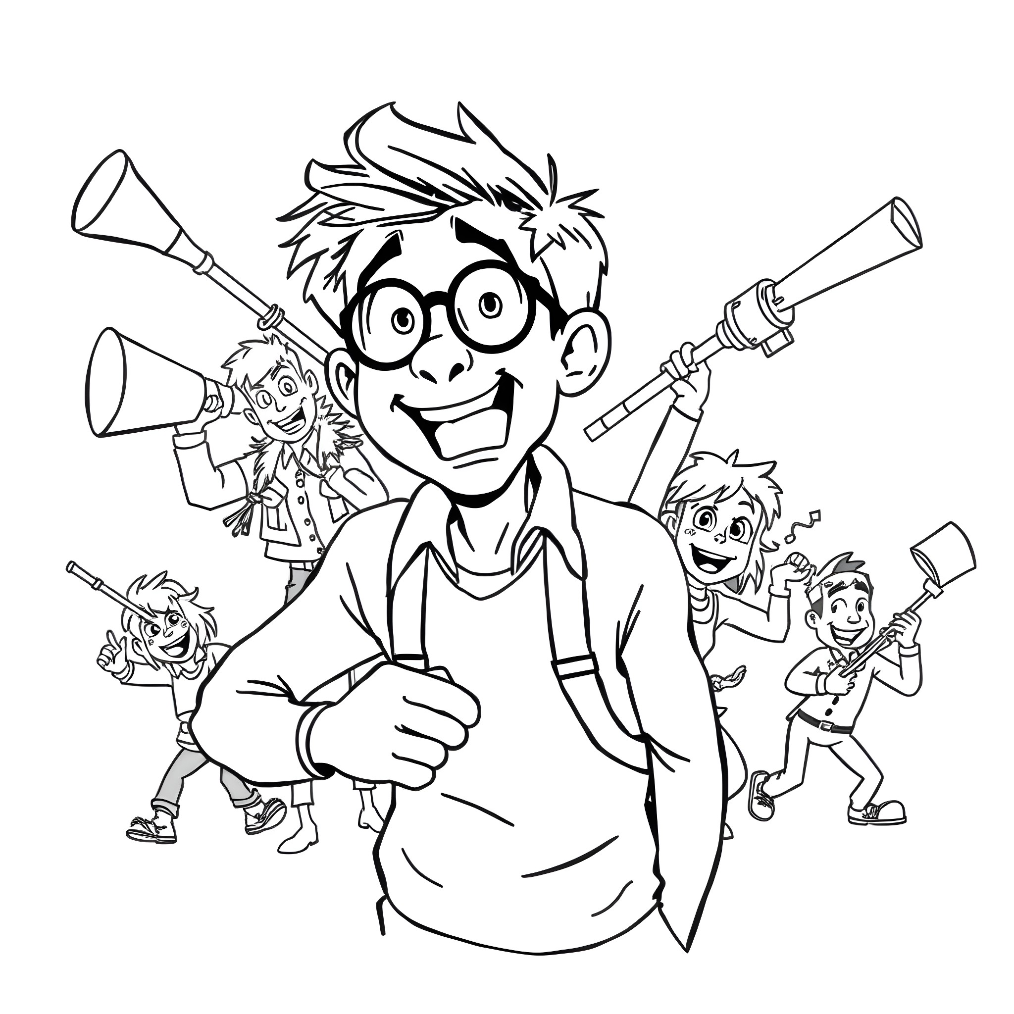 Tom Holland and his enthusiastic friends with various instruments Coloring Page (free black-and-white line drawing printable PDF for all, from beginners to advanced learners, including children, teens, adults, and seniors)