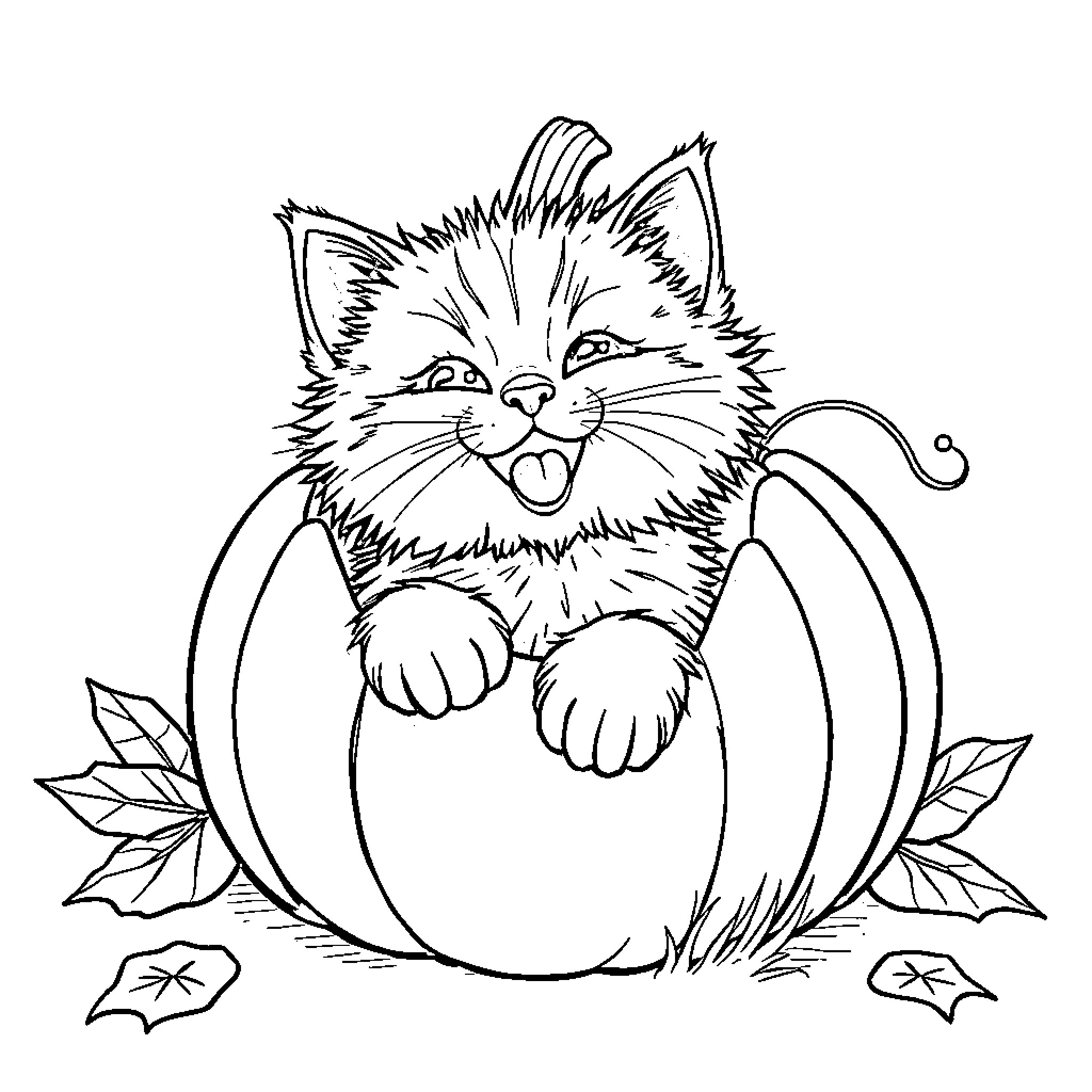 Cat peeking out from pumpkin Coloring Page (free black-and-white line drawing printable PDF for all, from beginners to advanced learners, including children, teens, adults, and seniors)