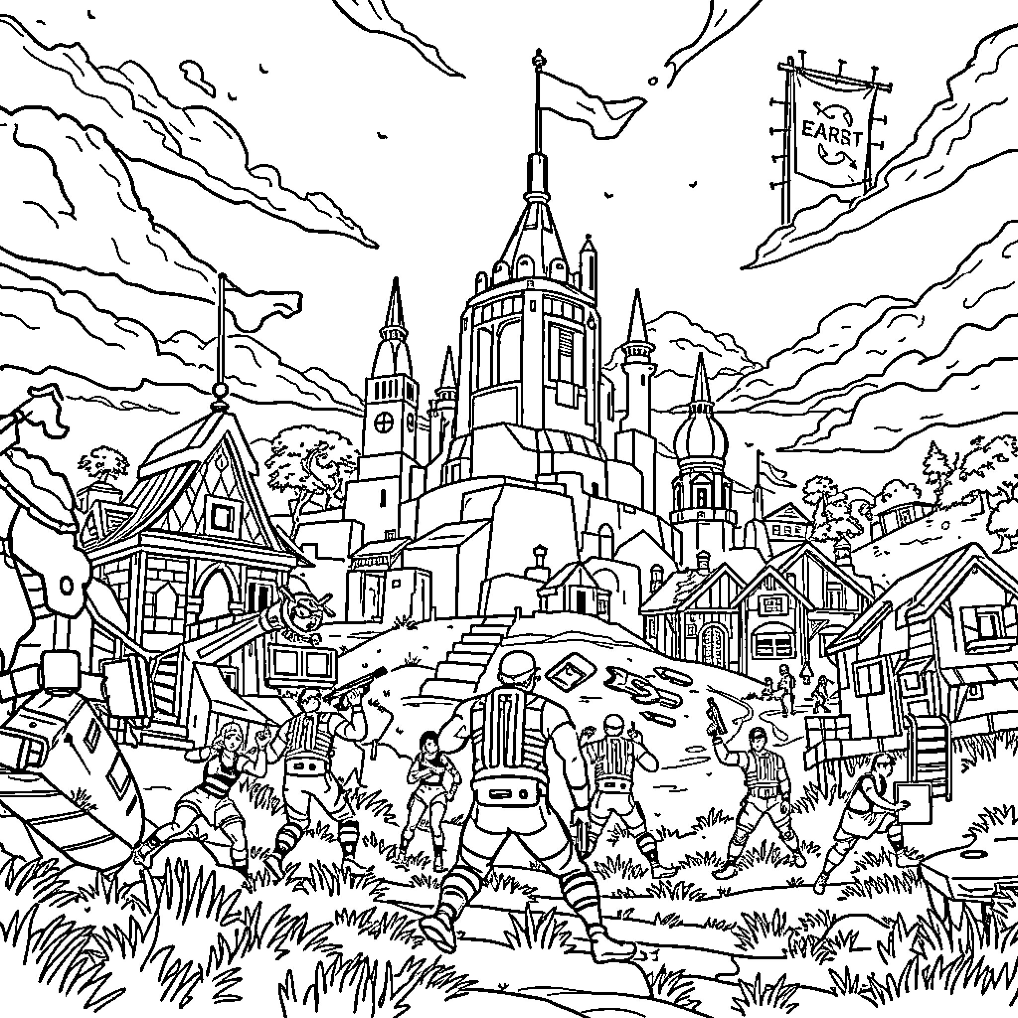 Fortnite characters in a detailed fantasy landscape Coloring Page (free black-and-white line drawing printable PDF for all, from beginners to advanced learners, including children, teens, adults, and seniors)
