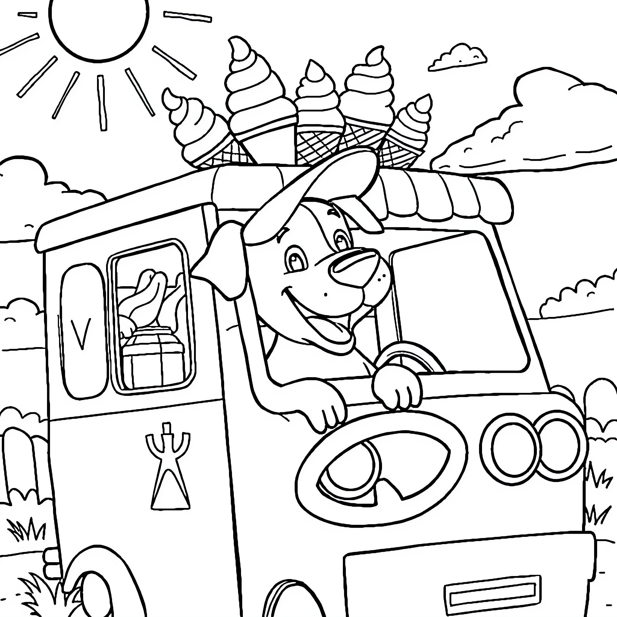 Dog driving an ice cream truck on a sunny day Coloring Page (free black-and-white line drawing printable PDF for all, from beginners to advanced learners, including children, teens, adults, and seniors)
