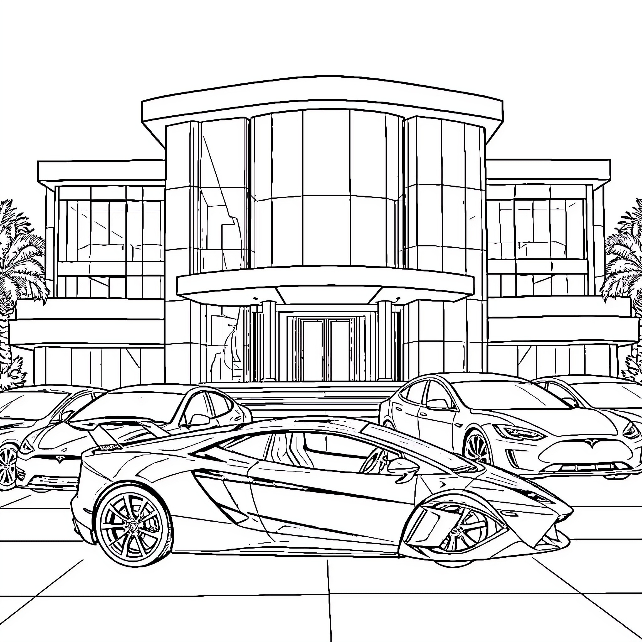 Mansion with luxury sports cars in driveway Coloring Page (free black-and-white line drawing printable PDF for all, from beginners to advanced learners, including children, teens, adults, and seniors)