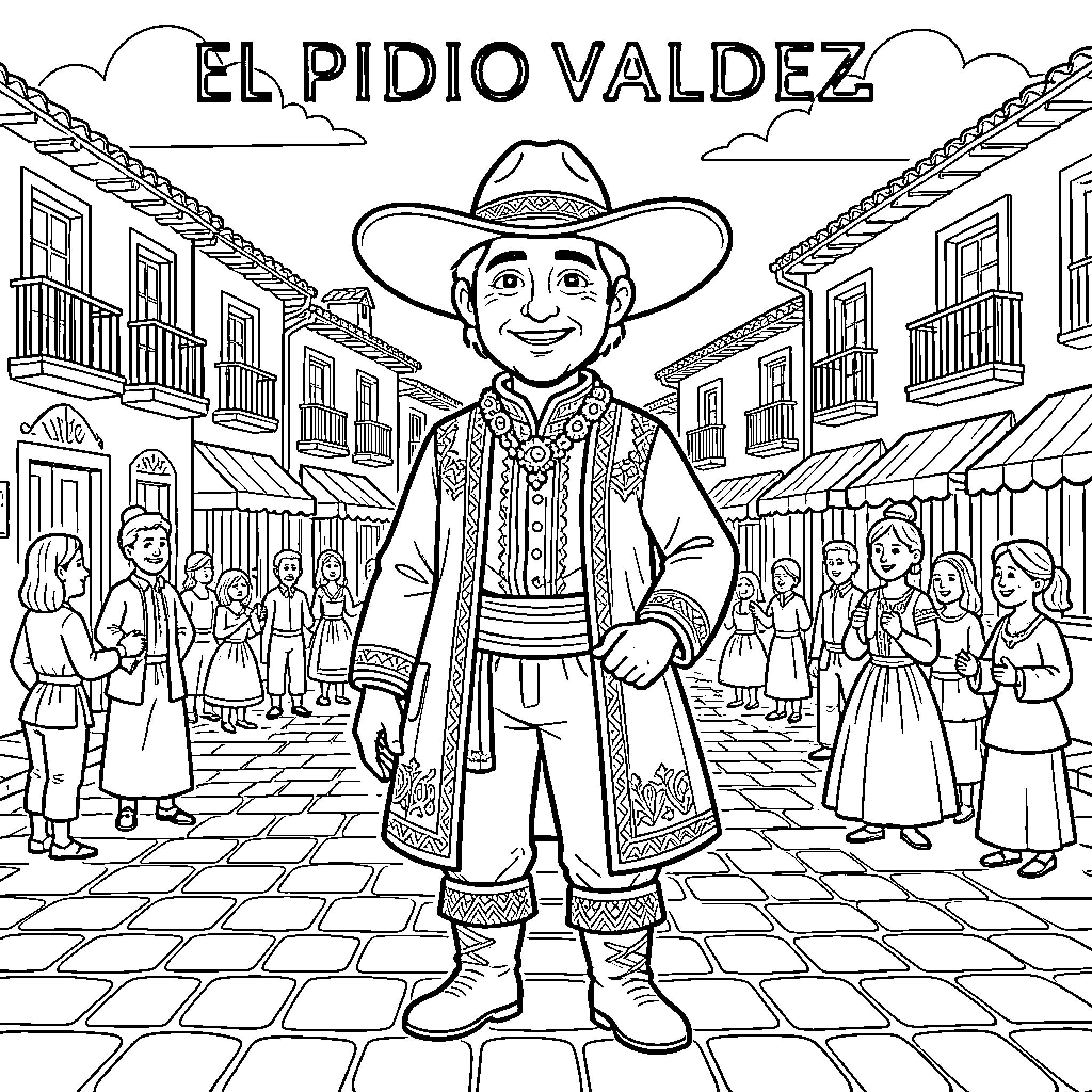El Pidio Valdez Stands Proudly in a Lively Town Coloring Page (free black-and-white line drawing printable PDF for all, from beginners to advanced learners, including children, teens, adults, and seniors)