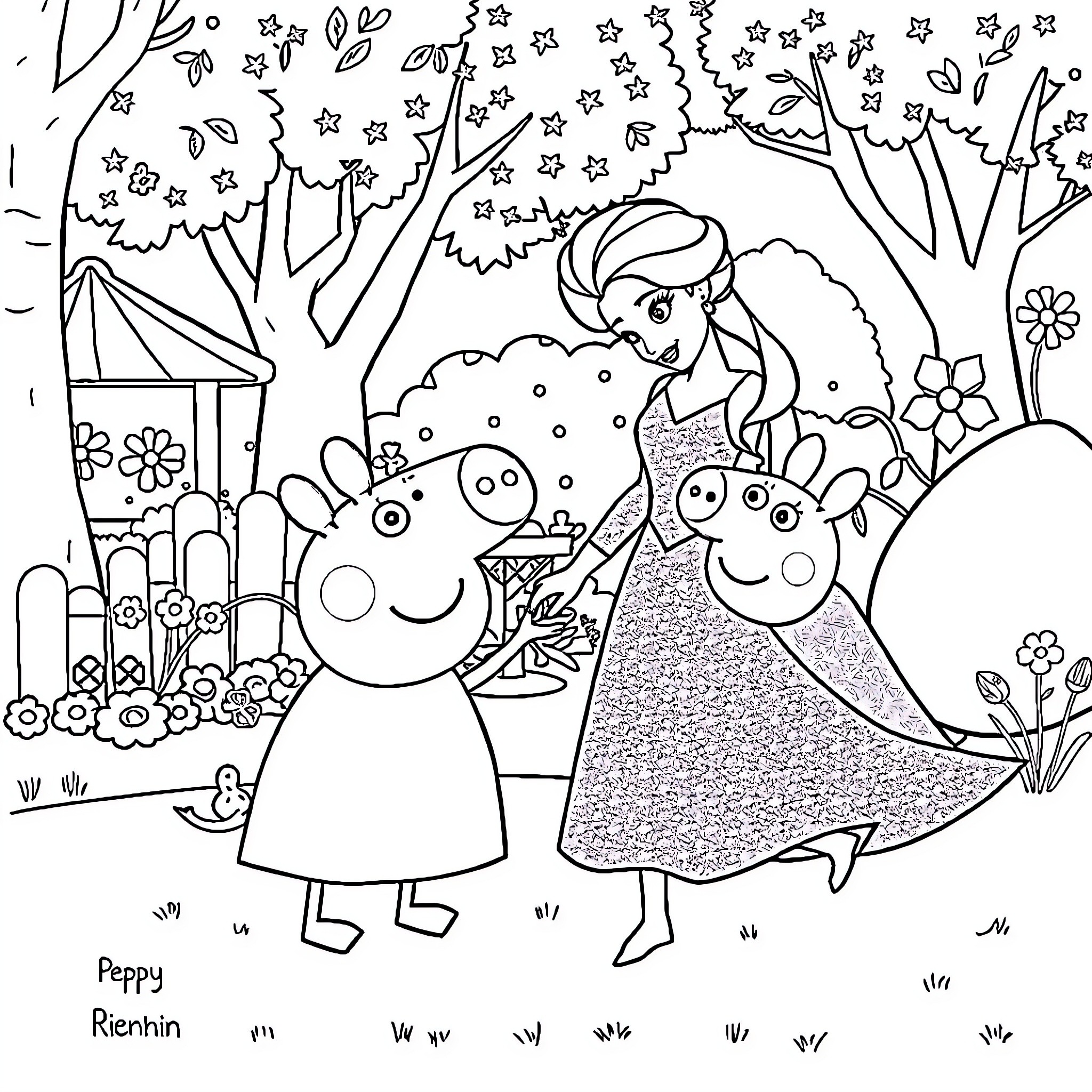 Elsa Enjoying a Playful Adventure with Peppa Pig Coloring Page (free black-and-white line drawing printable PDF for all, from beginners to advanced learners, including children, teens, adults, and seniors)