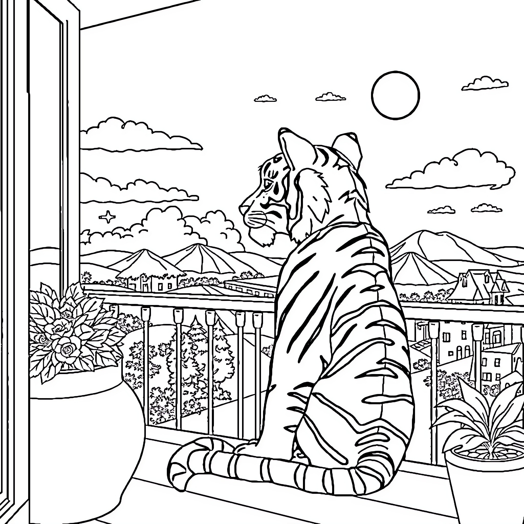 Tiger surveying the scenic landscape Coloring Page (free black-and-white line drawing printable PDF for all, from beginners to advanced learners, including children, teens, adults, and seniors)