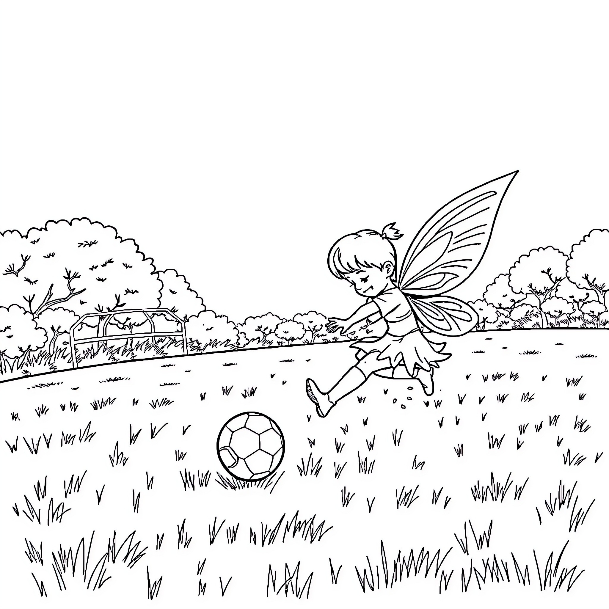 Fairy playing with a ball in a lush meadow Coloring Page (free black-and-white line drawing printable PDF for all, from beginners to advanced learners, including children, teens, adults, and seniors)