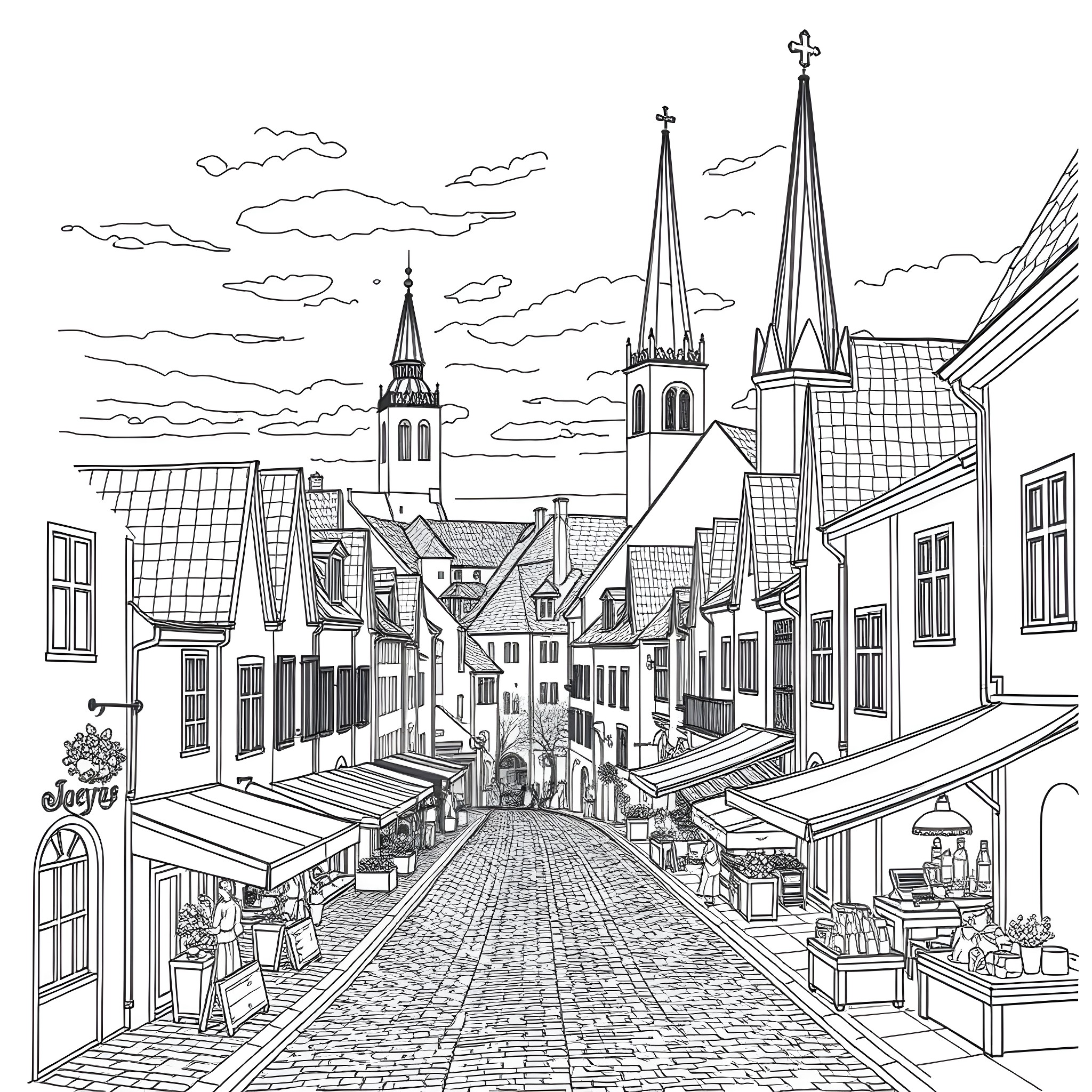 Tallinn: Charming Old Town with Historic Architecture Coloring Page (free black-and-white line drawing printable PDF for all, from beginners to advanced learners, including children, teens, adults, and seniors)