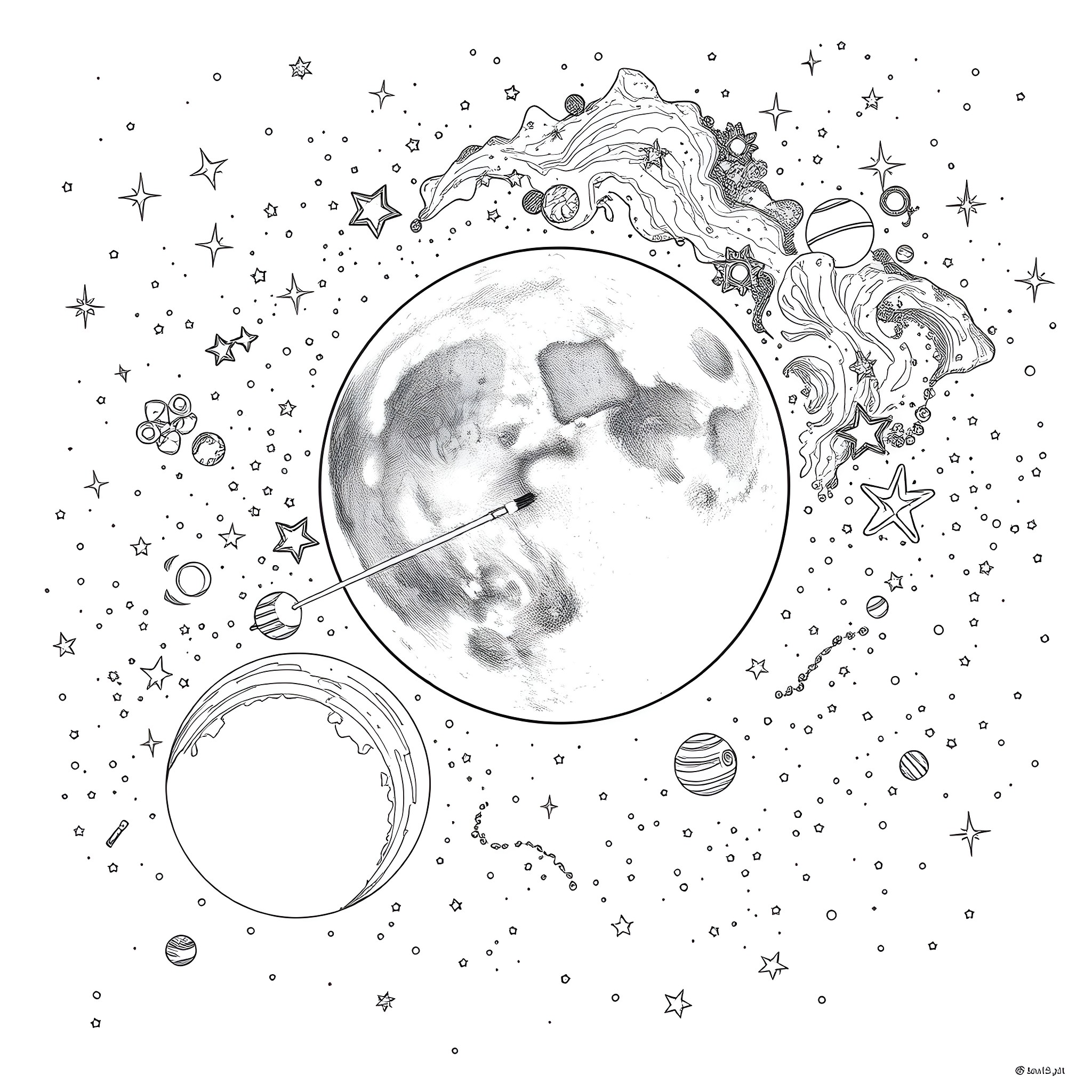Moon and celestial bodies in the night sky Coloring Page (free black-and-white line drawing printable PDF for all, from beginners to advanced learners, including children, teens, adults, and seniors)
