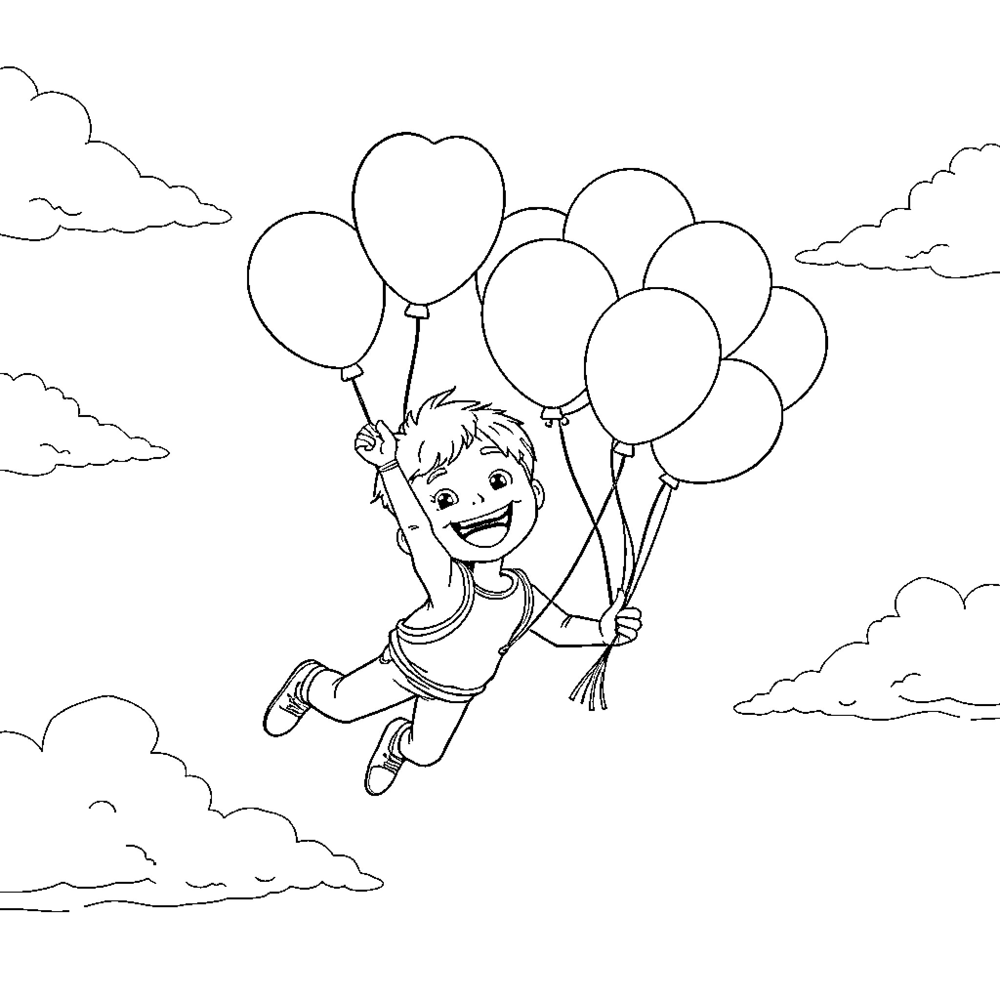 Boy floating with balloons in the sky Coloring Page (free black-and-white line drawing printable PDF for all, from beginners to advanced learners, including children, teens, adults, and seniors)