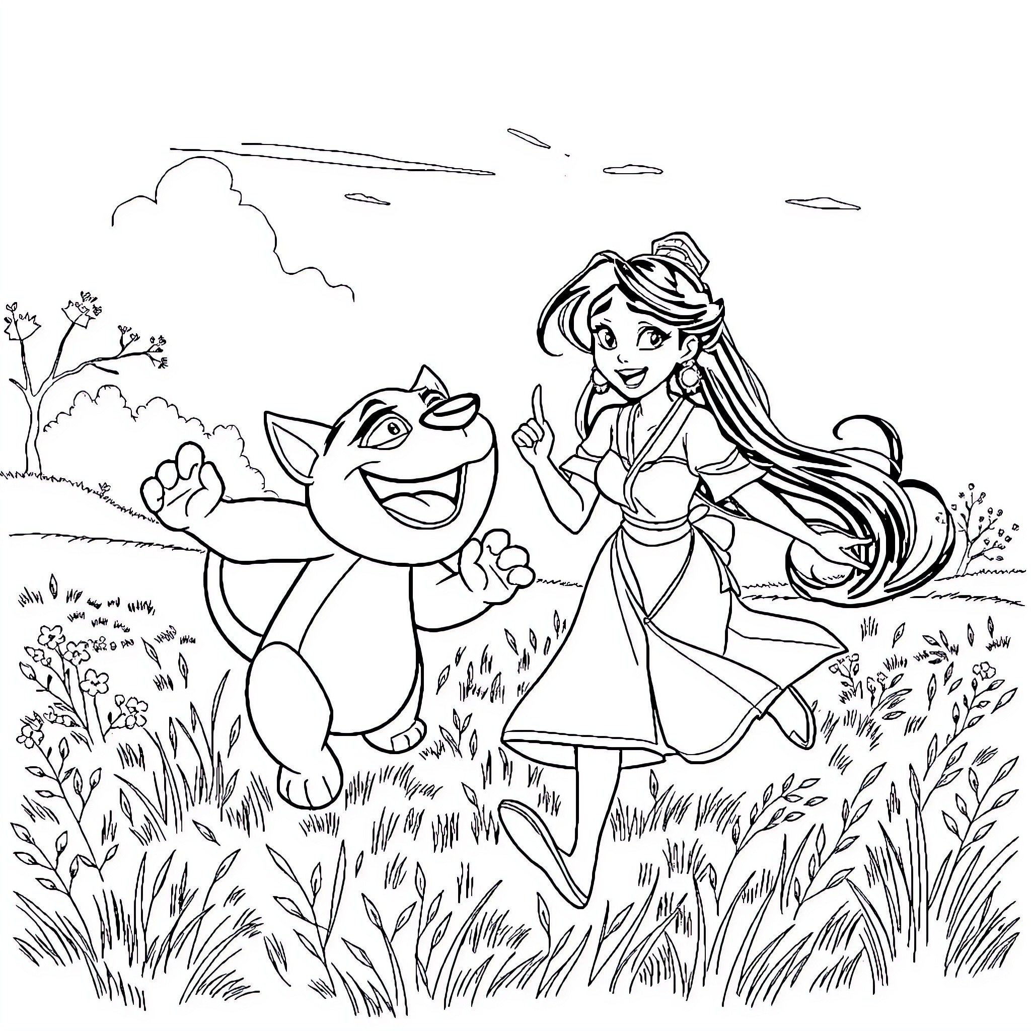 Mulan and her Companion Exploring the Countryside Coloring Page (free black-and-white line drawing printable PDF for all, from beginners to advanced learners, including children, teens, adults, and seniors)