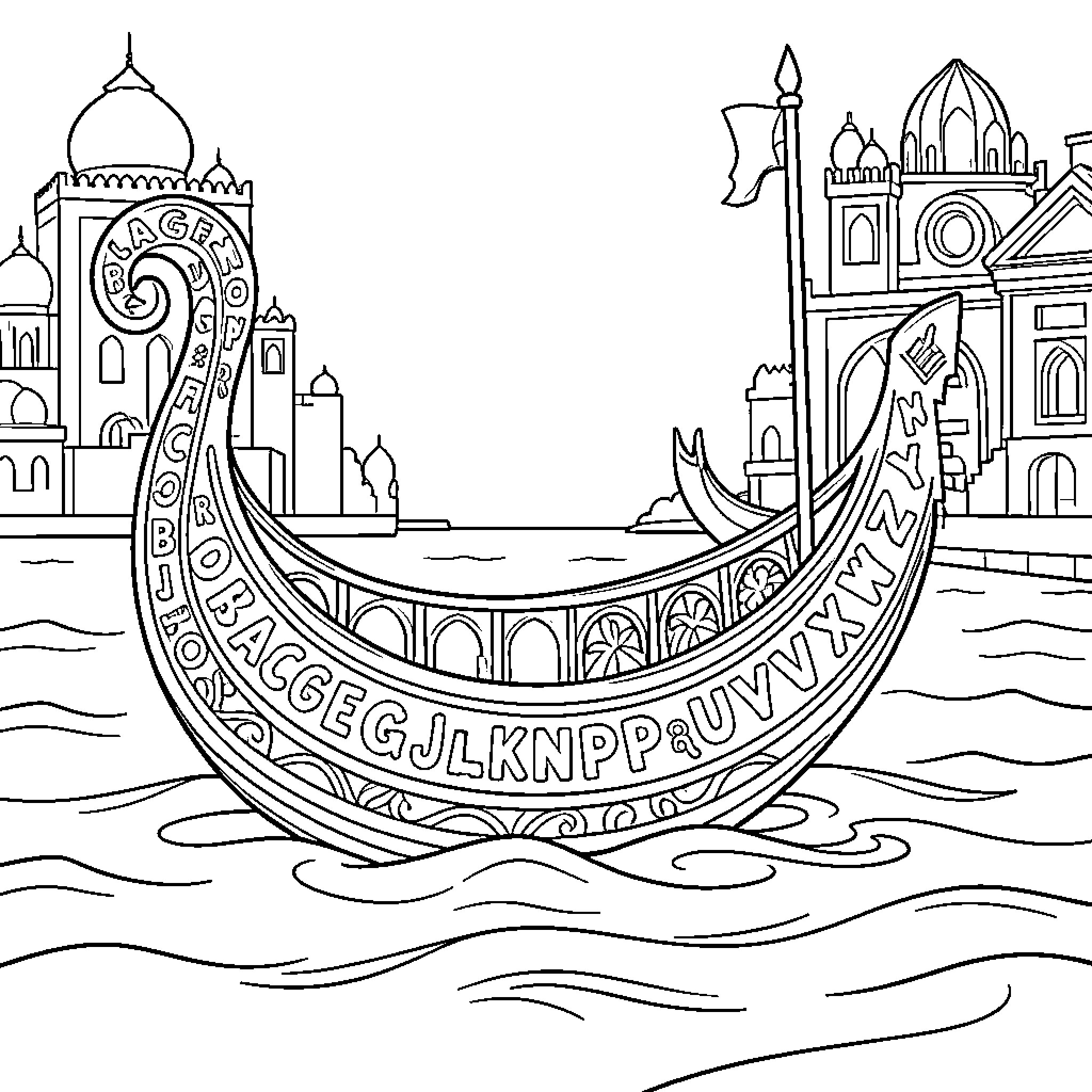 Gond Art of Ornate Boat Floating on Water Coloring Page (free black-and-white line drawing printable PDF for all, from beginners to advanced learners, including children, teens, adults, and seniors)