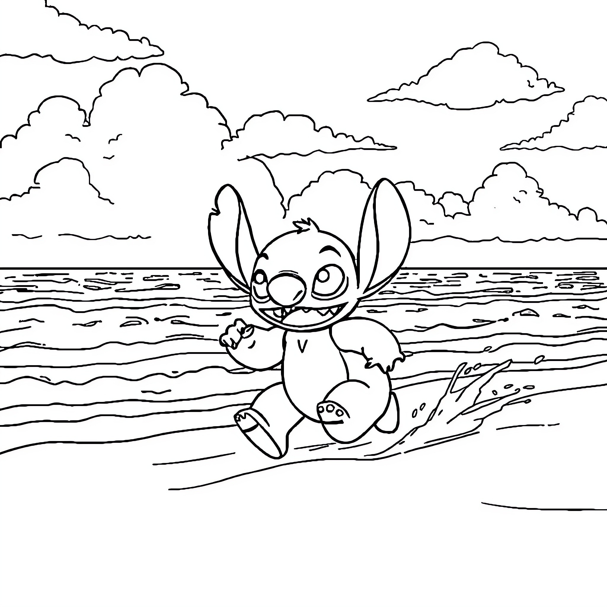 Stitch playing happily by the beach Coloring Page (free black-and-white line drawing printable PDF for all, from beginners to advanced learners, including children, teens, adults, and seniors)