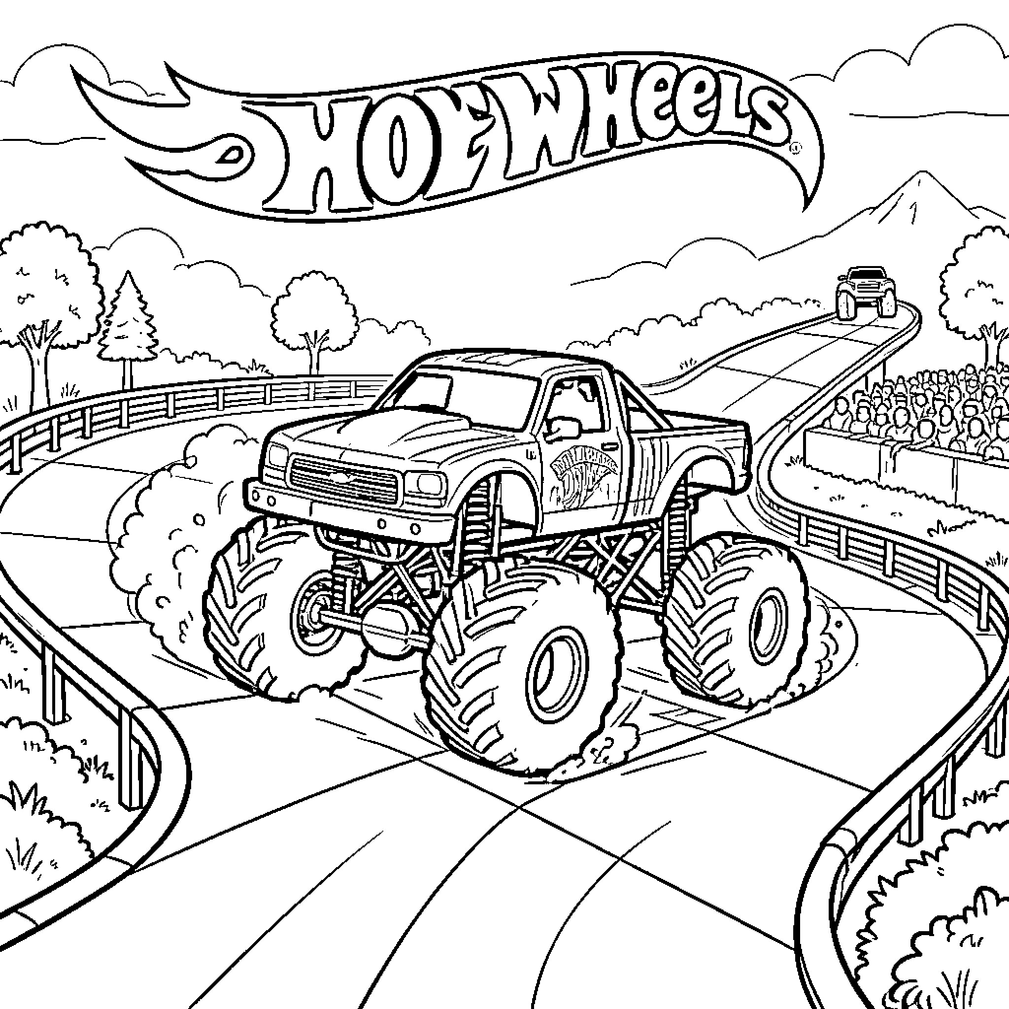 Monster Truck racing on a winding track Coloring Page (free black-and-white line drawing printable PDF for all, from beginners to advanced learners, including children, teens, adults, and seniors)