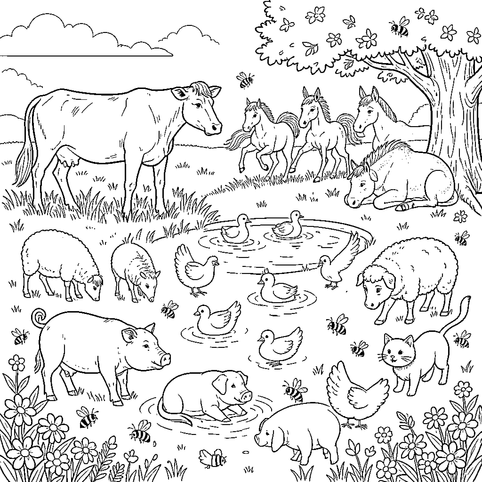Animals in a Peaceful Natural Landscape Coloring Page (free black-and-white line drawing printable PDF for all, from beginners to advanced learners, including children, teens, adults, and seniors)