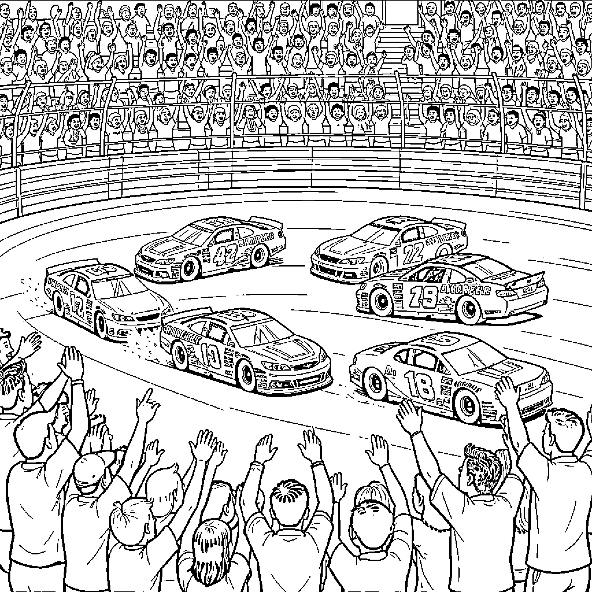 Nascar race cars speeding around a crowded track Coloring Page (free black-and-white line drawing printable PDF for all, from beginners to advanced learners, including children, teens, adults, and seniors)