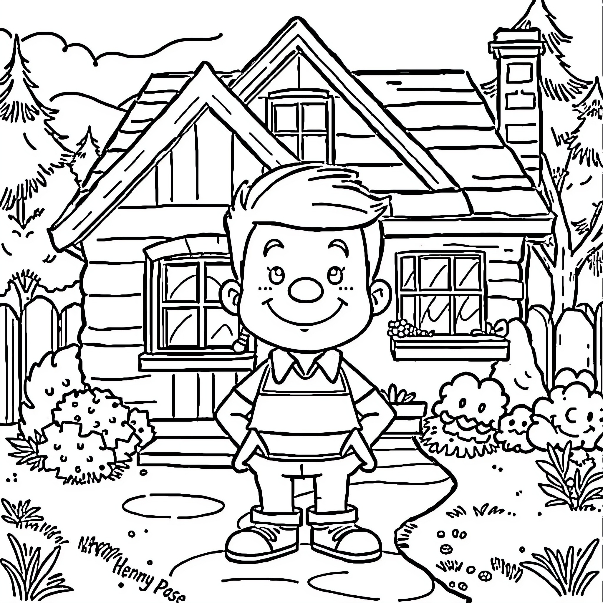 Steve's Cozy Cabin Adventure Coloring Page (free black-and-white line drawing printable PDF for all, from beginners to advanced learners, including children, teens, adults, and seniors)