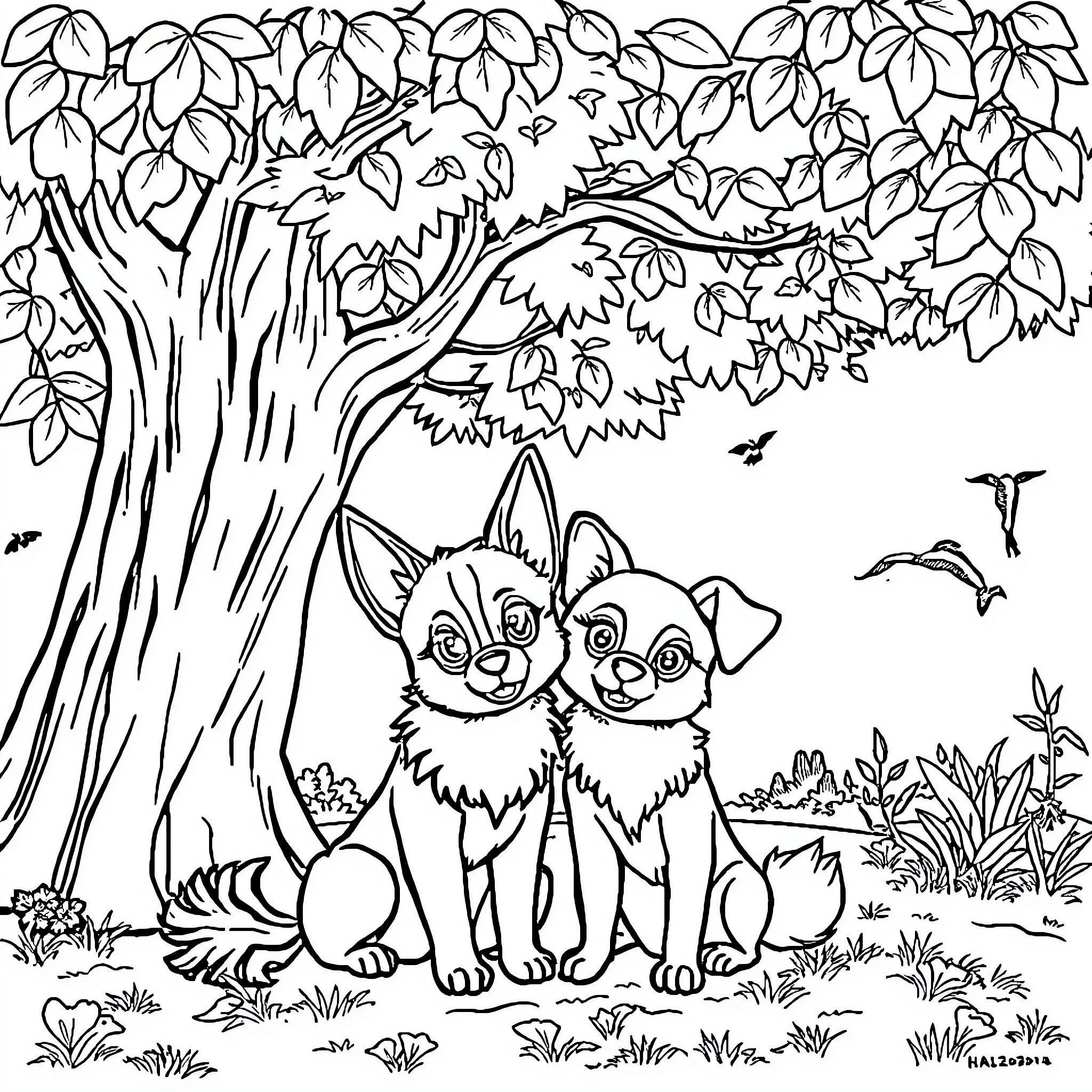 Choupi's Playful Companions in the Woodland Coloring Page (free black-and-white line drawing printable PDF for all, from beginners to advanced learners, including children, teens, adults, and seniors)