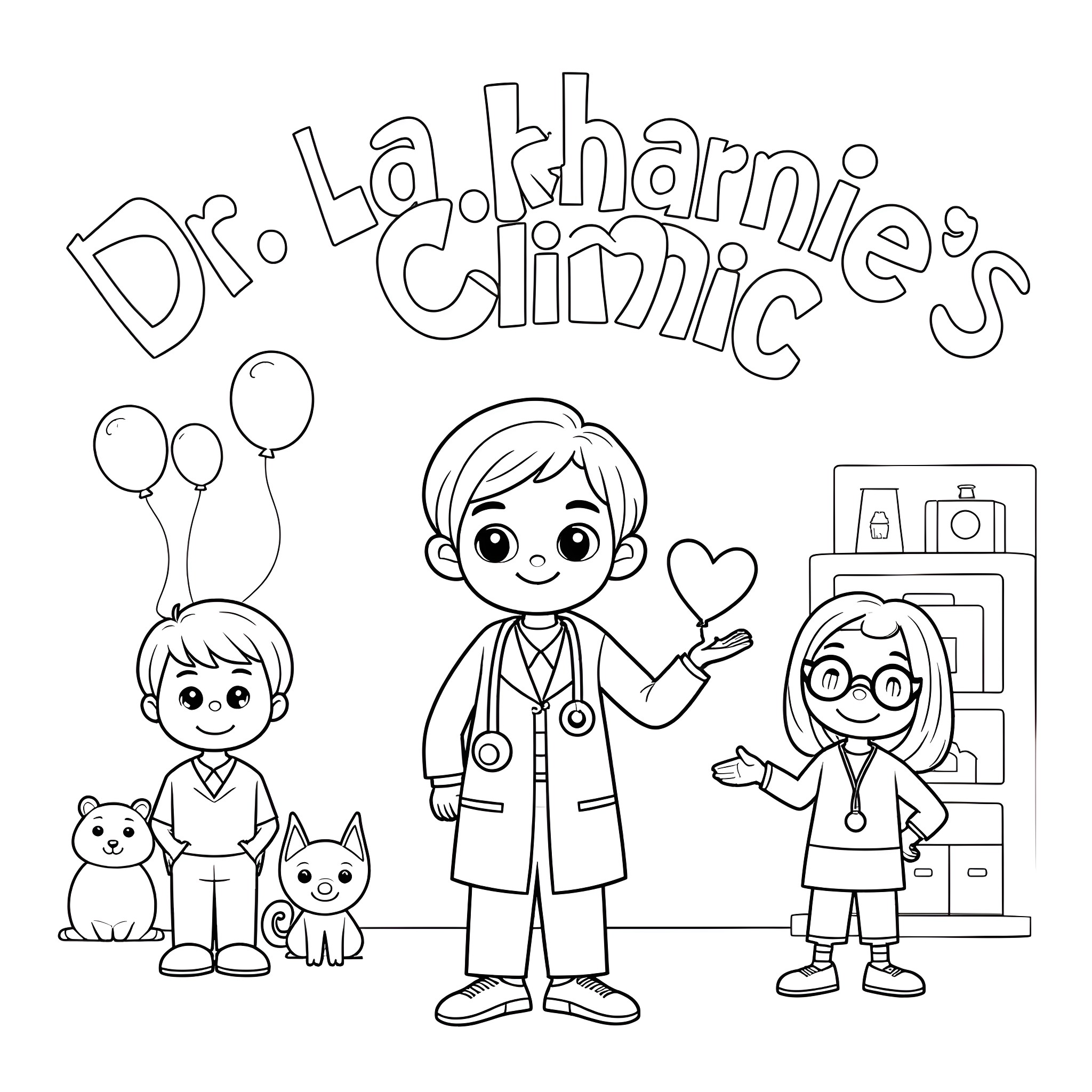 Doctor's Fun Clinic Coloring Page (free black-and-white line drawing printable PDF for all, from beginners to advanced learners, including children, teens, adults, and seniors)