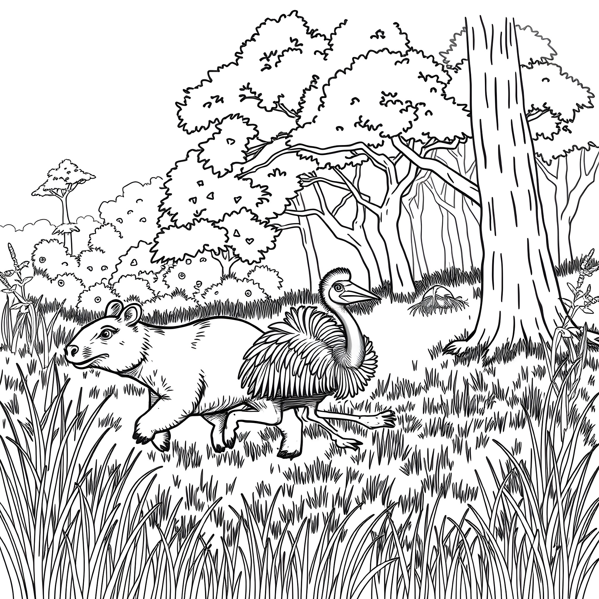 Animal in natural forest landscape Coloring Page (free black-and-white line drawing printable PDF for all, from beginners to advanced learners, including children, teens, adults, and seniors)