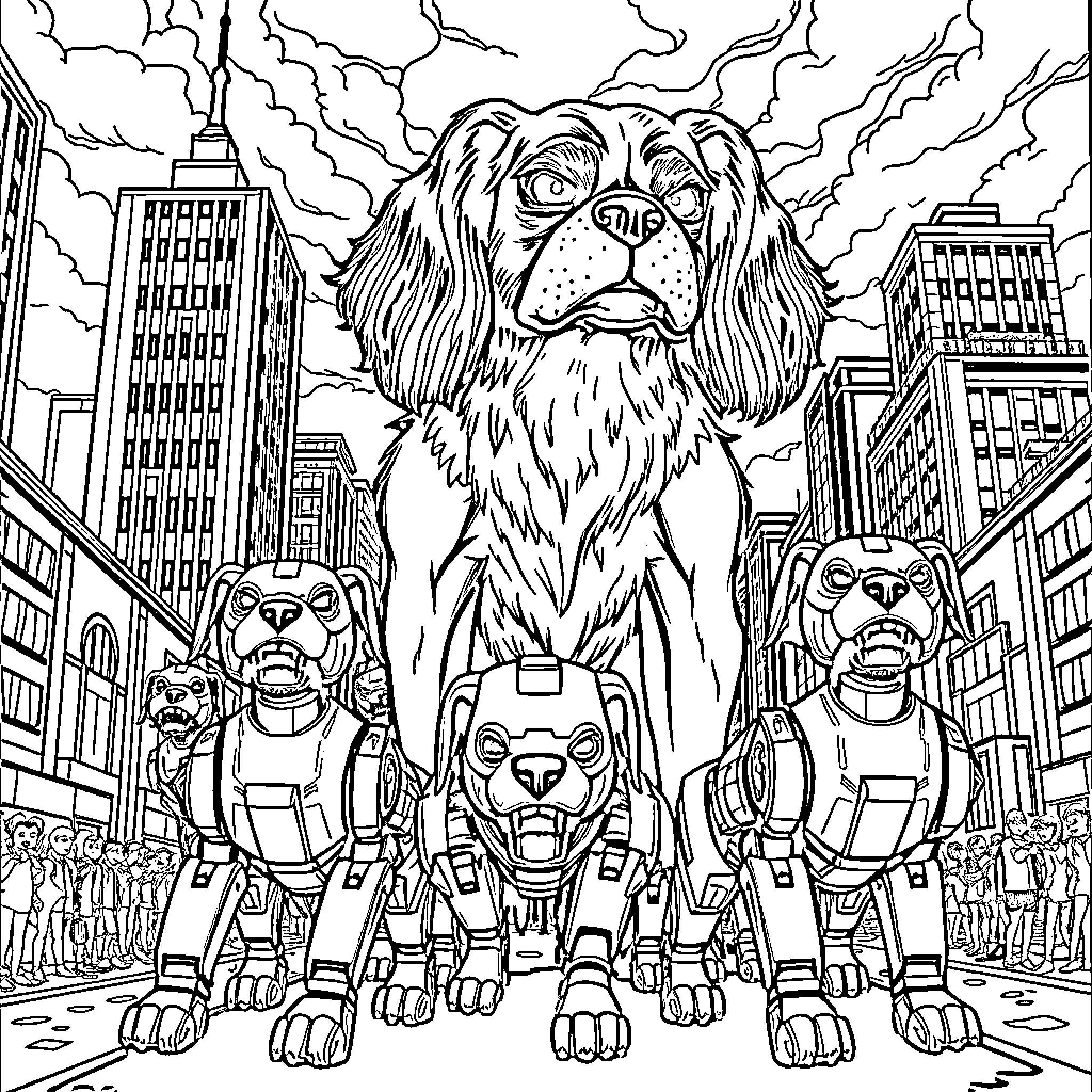 King Charles Cavalier Heroically Protects City Amid Chaos Coloring Page (free black-and-white line drawing printable PDF for all, from beginners to advanced learners, including children, teens, adults, and seniors)