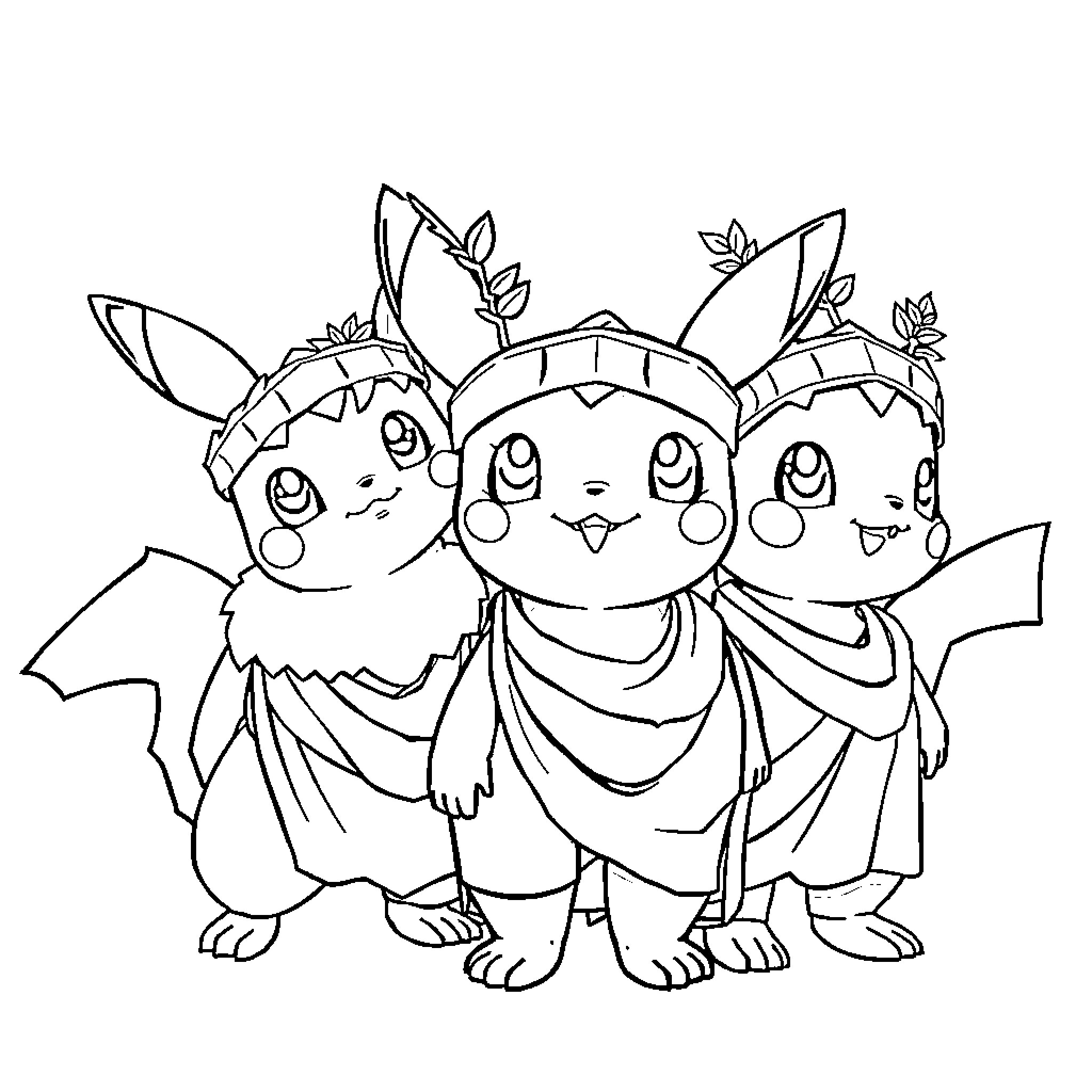 Pokémon characters in tribal-inspired outfits Coloring Page (free black-and-white line drawing printable PDF for all, from beginners to advanced learners, including children, teens, adults, and seniors)