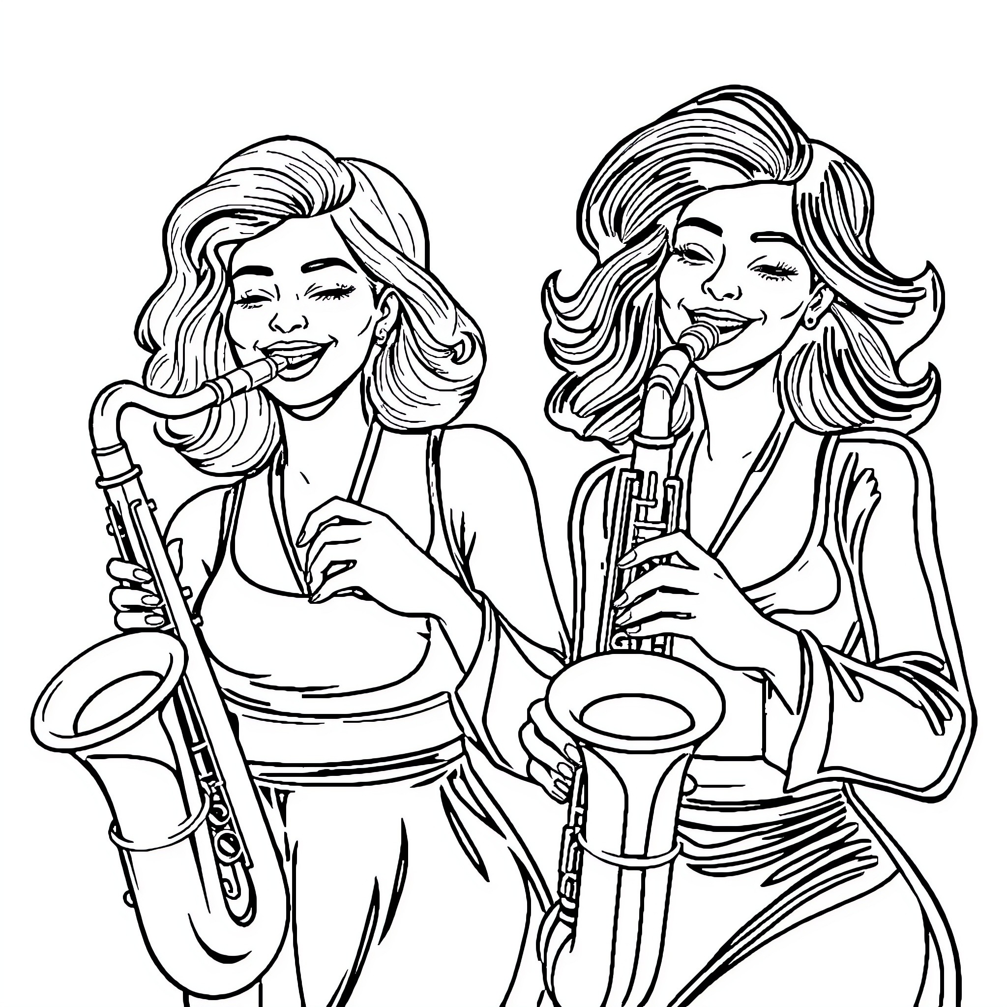 Woman playing musical instruments with enthusiasm Coloring Page (free black-and-white line drawing printable PDF for all, from beginners to advanced learners, including children, teens, adults, and seniors)