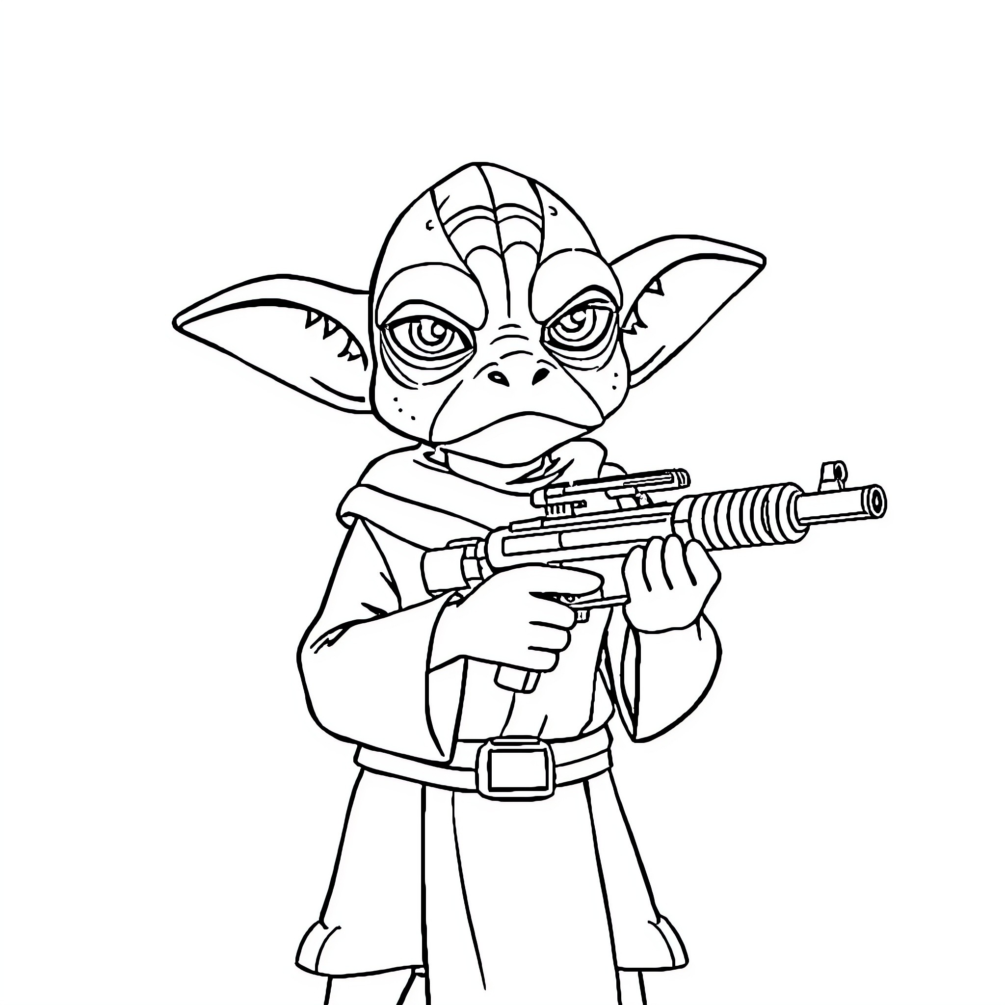 Jar Jar Binks wielding a blaster rifle Coloring Page (free black-and-white line drawing printable PDF for all, from beginners to advanced learners, including children, teens, adults, and seniors)