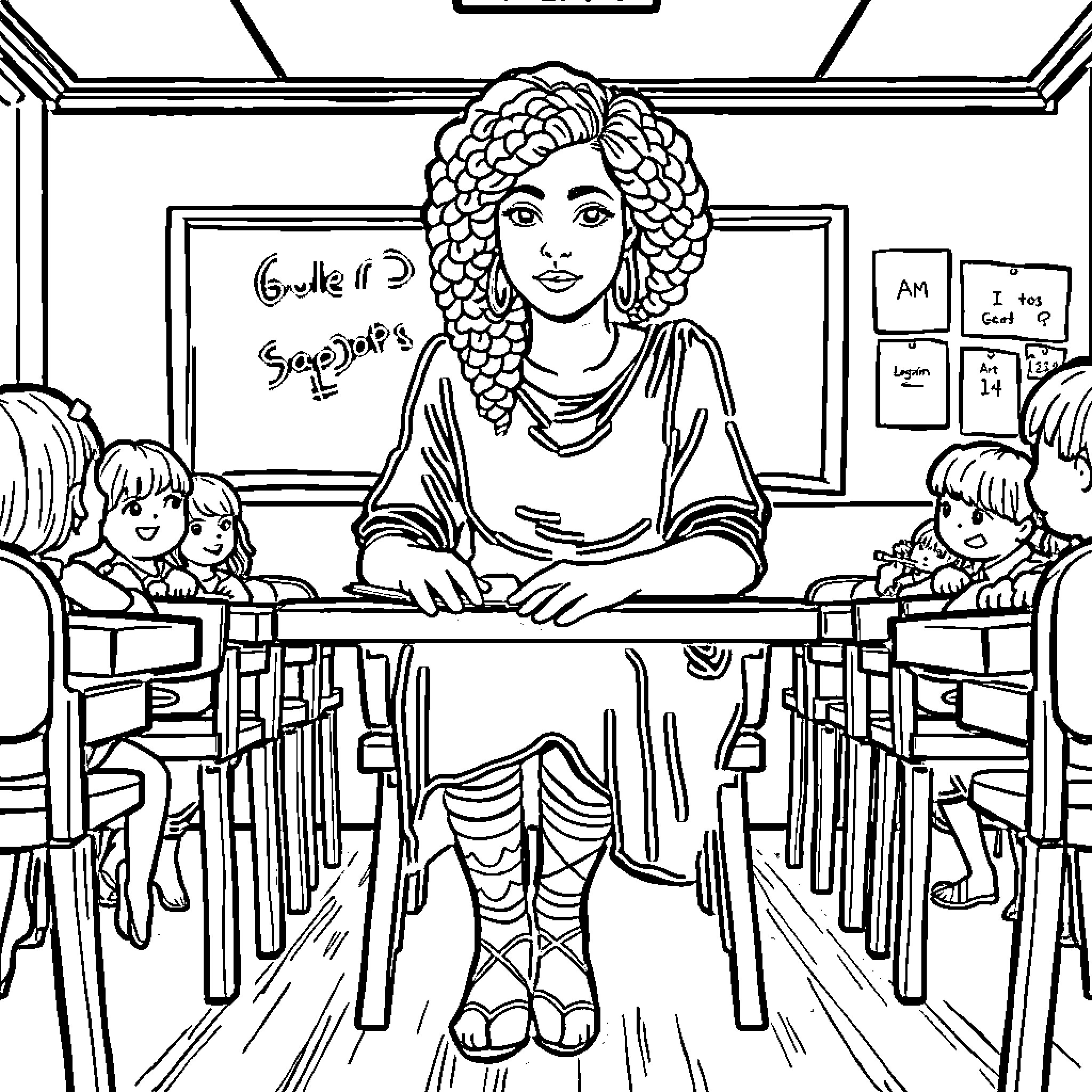 Sappho teaching students in the classroom Coloring Page (free black-and-white line drawing printable PDF for all, from beginners to advanced learners, including children, teens, adults, and seniors)