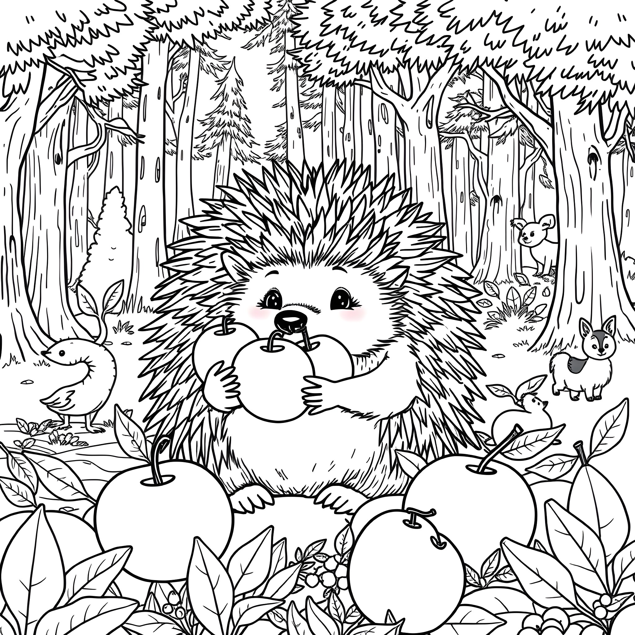 Hedgehog enjoying apples in the forest Coloring Page (free black-and-white line drawing printable PDF for all, from beginners to advanced learners, including children, teens, adults, and seniors)