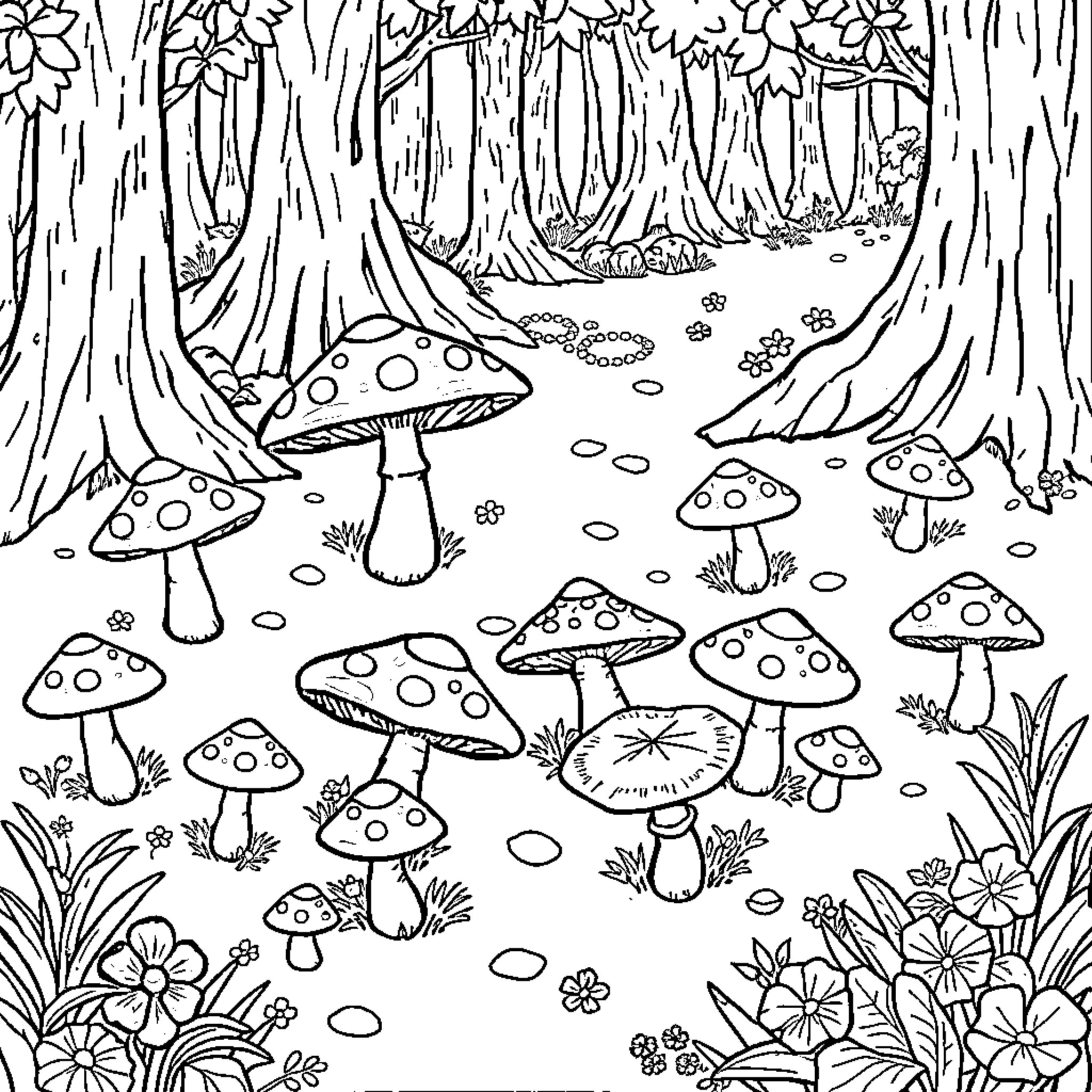 Mushroom forest with whimsical fungi Coloring Page (free black-and-white line drawing printable PDF for all, from beginners to advanced learners, including children, teens, adults, and seniors)