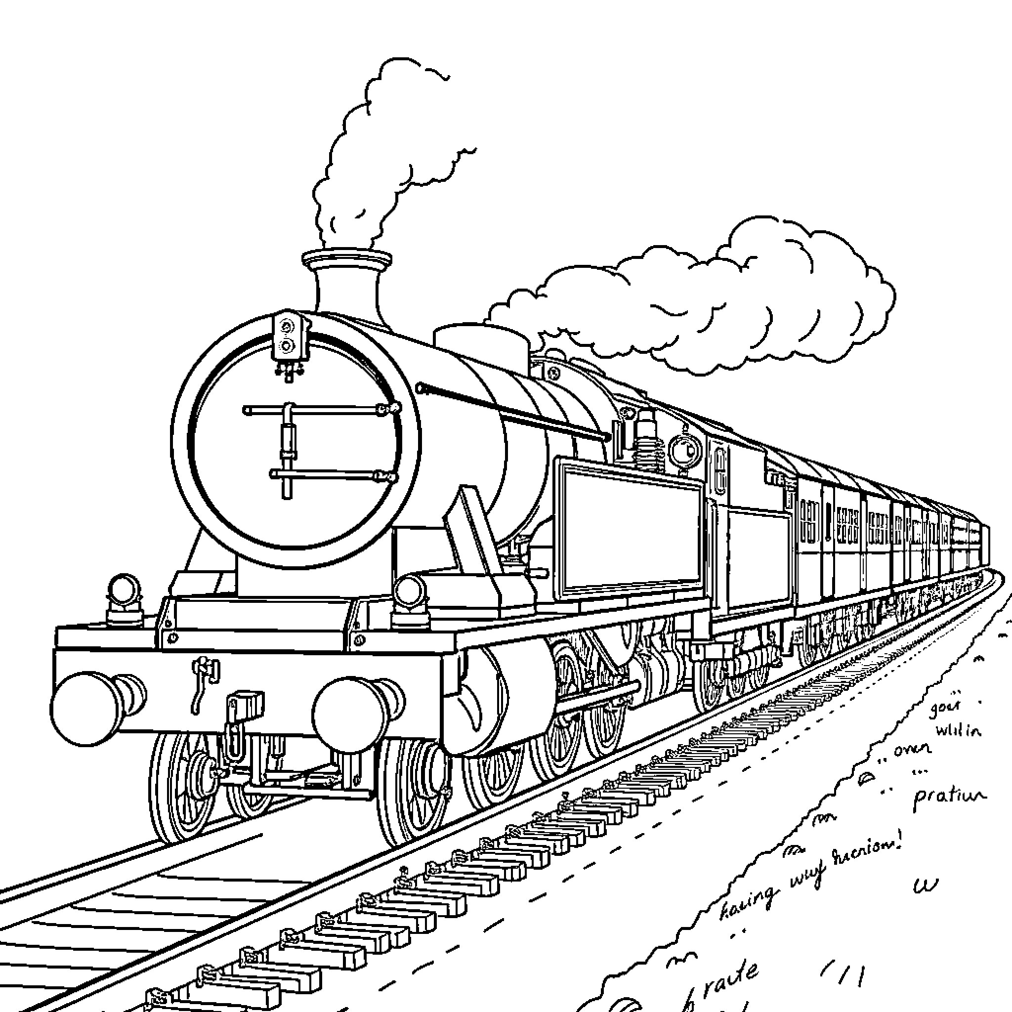 Scotsman driving powerful steam locomotive on tracks Coloring Page (free black-and-white line drawing printable PDF for all, from beginners to advanced learners, including children, teens, adults, and seniors)