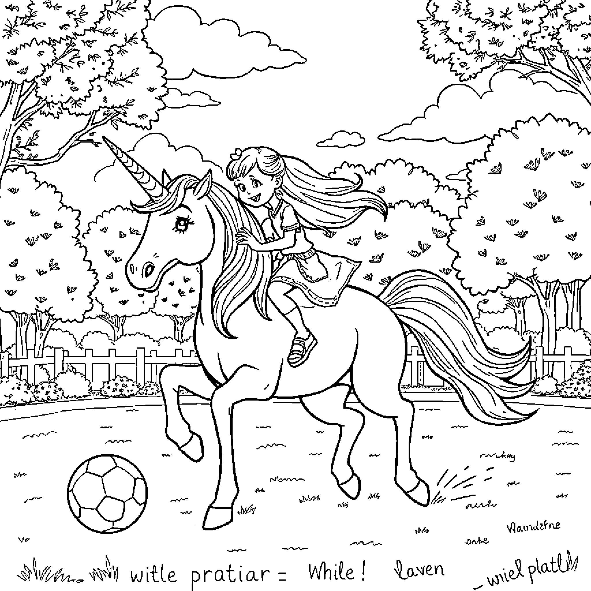 Girl riding a unicorn in a magical forest Coloring Page (free black-and-white line drawing printable PDF for all, from beginners to advanced learners, including children, teens, adults, and seniors)